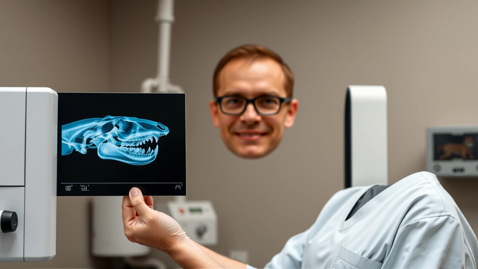 Veterinary technician holding a dental X-ray of a cat skull while standing next to an X-ray viewer in a clinic