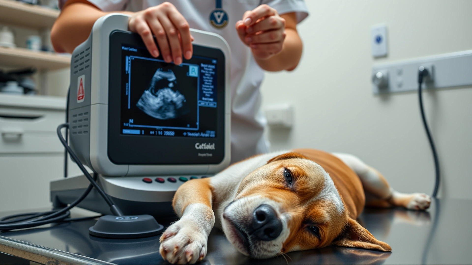 Veterinary technician preparing an ultrasound machine while a dog lies calmly on its side, focus on equipment and dog, clinical environment.