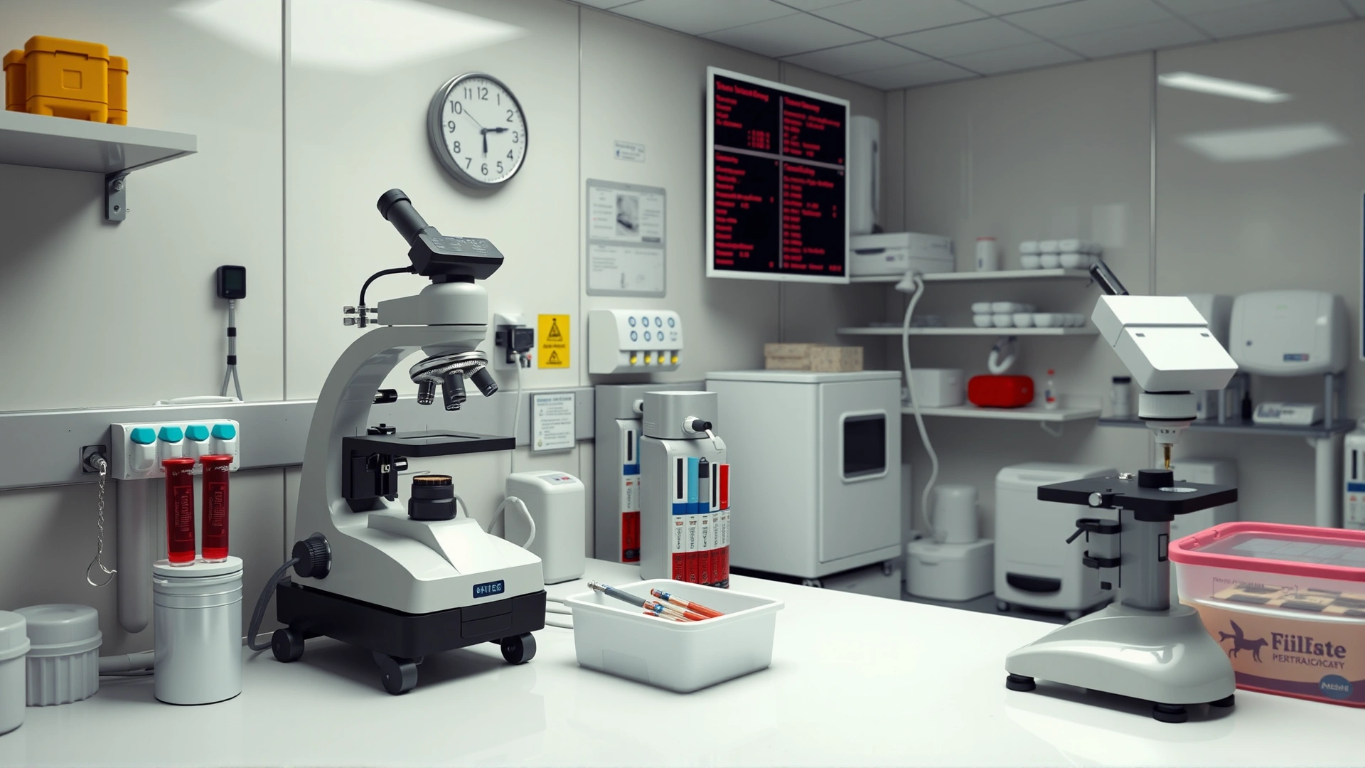 Veterinary laboratory setup with blood test equipment and microscope, no human faces, no text