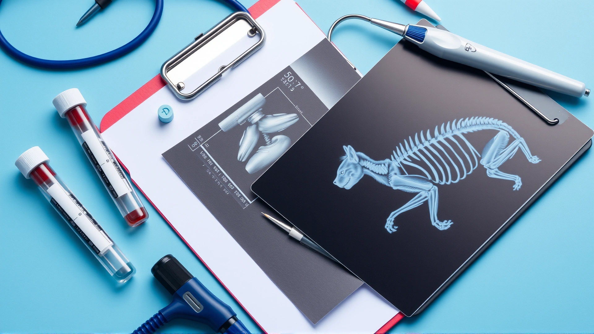 Flat-lay of veterinary diagnostic tools including blood sample tubes, ultrasound probe, x-ray film showing a cat skeleton, and a clipboard with medical notes.