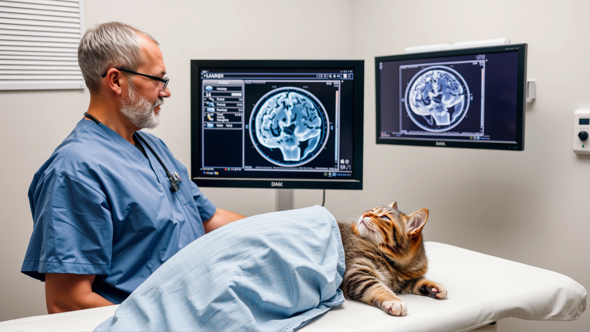 Veterinarian in scrubs reviewing a brain MRI scan on a monitor next to a cat patient under light anesthesia on the exam table.