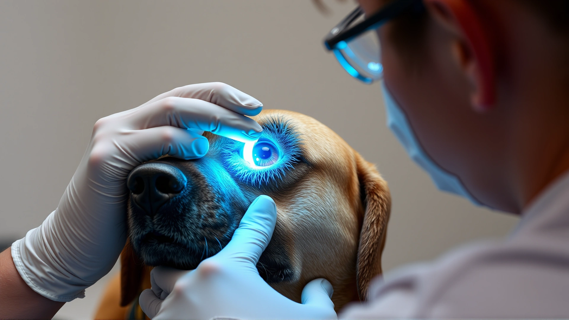 Veterinarian applying fluorescein stain strip to a dog’s eye while an assistant gently restrains the dog. Close-up, clear view of the procedure.