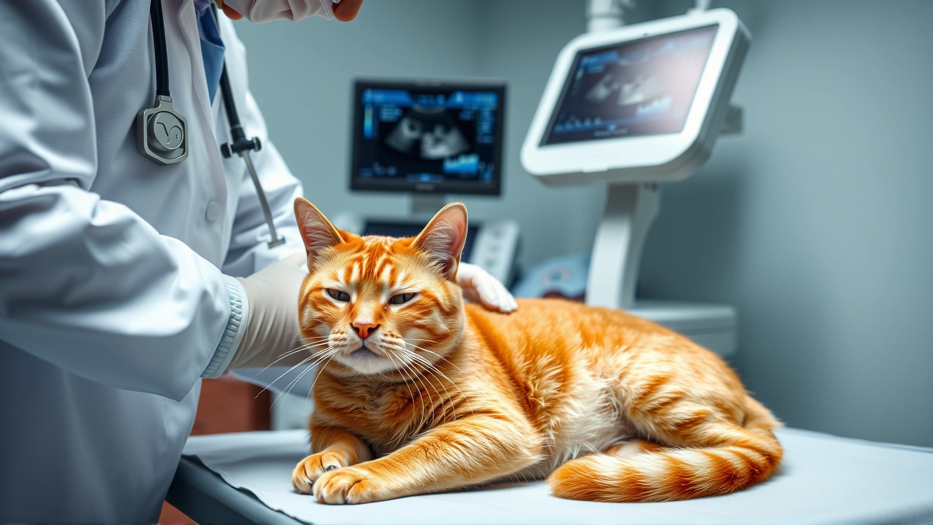 Veterinarian performing abdominal ultrasound on a relaxed orange cat, ultrasound machine visible, clinical environment, no text.