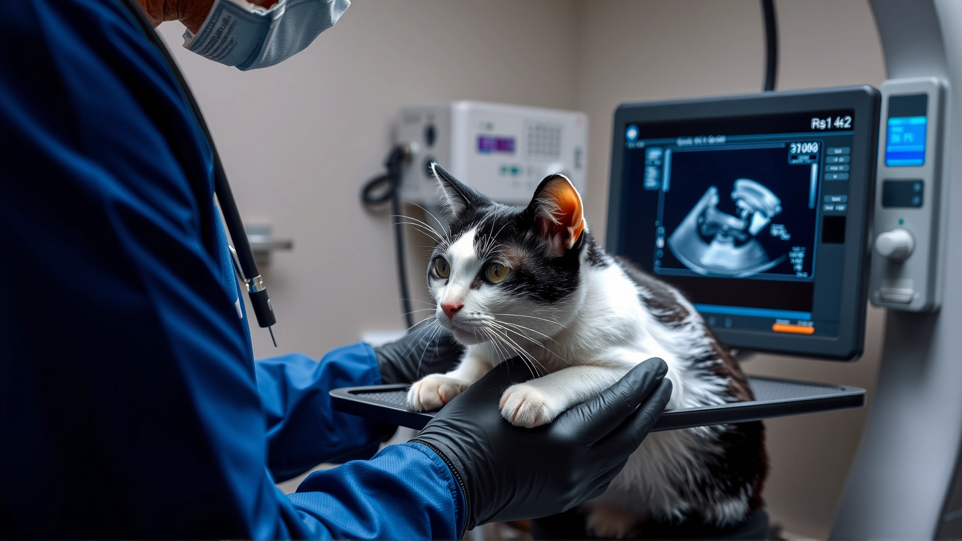 Veterinarian performing an ultrasound scan on a calm white-and-black cat, medical equipment visible in background.