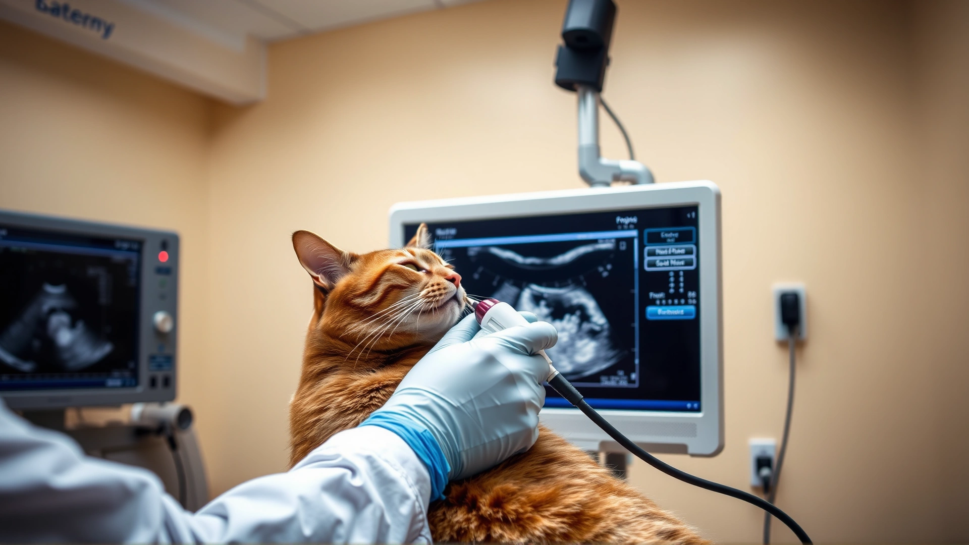 Image of a veterinarian performing an abdominal ultrasound on a cat, showing the probe and monitor in a modern veterinary lab, no text.