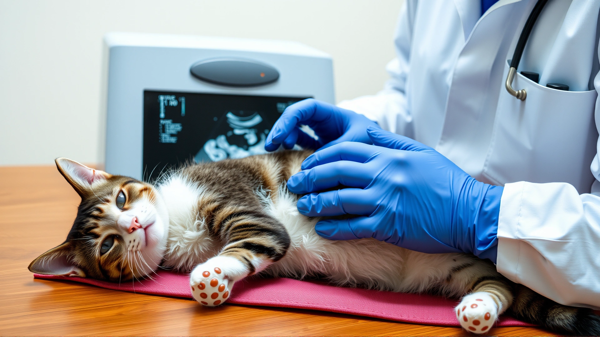Veterinarian performing an ultrasound scan on a male cat lying on its back, modern ultrasound machine visible.