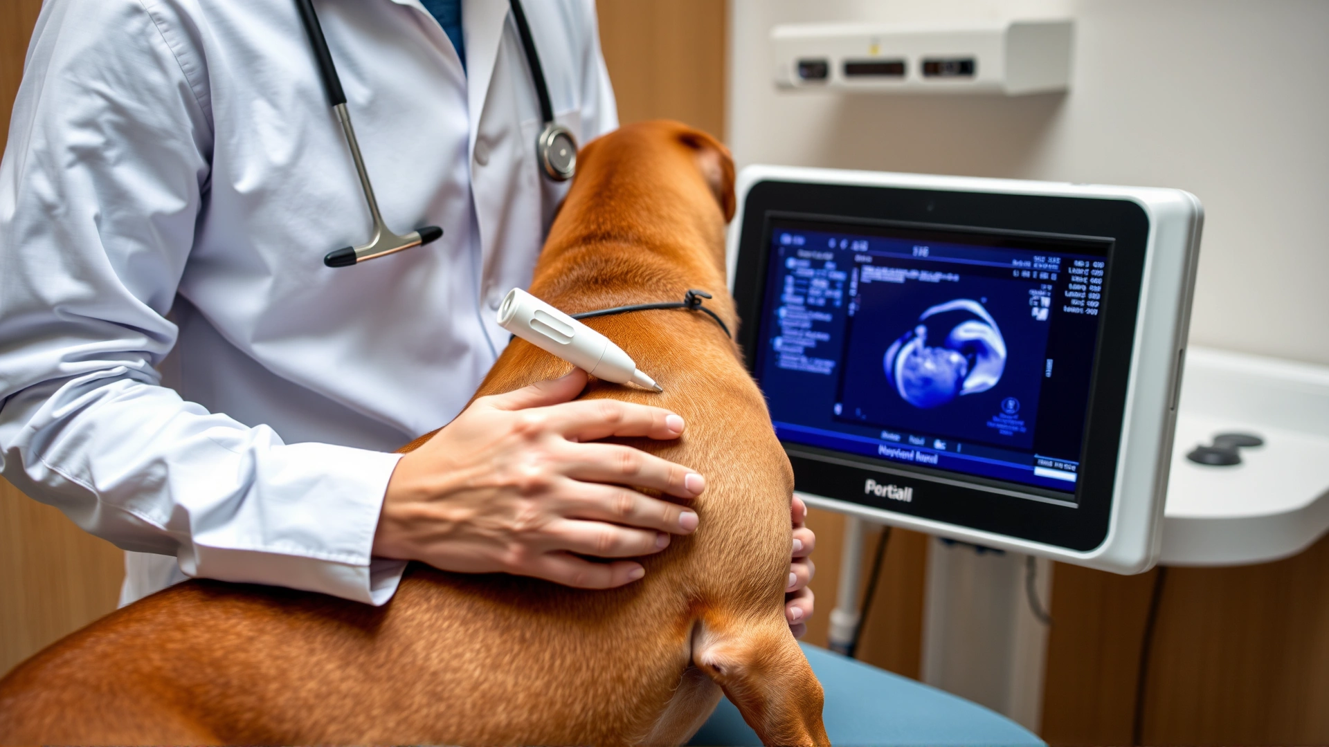 Veterinarian holding an ultrasound probe on a dog's shaved abdomen with a monitor showing fetal images, clinical setting