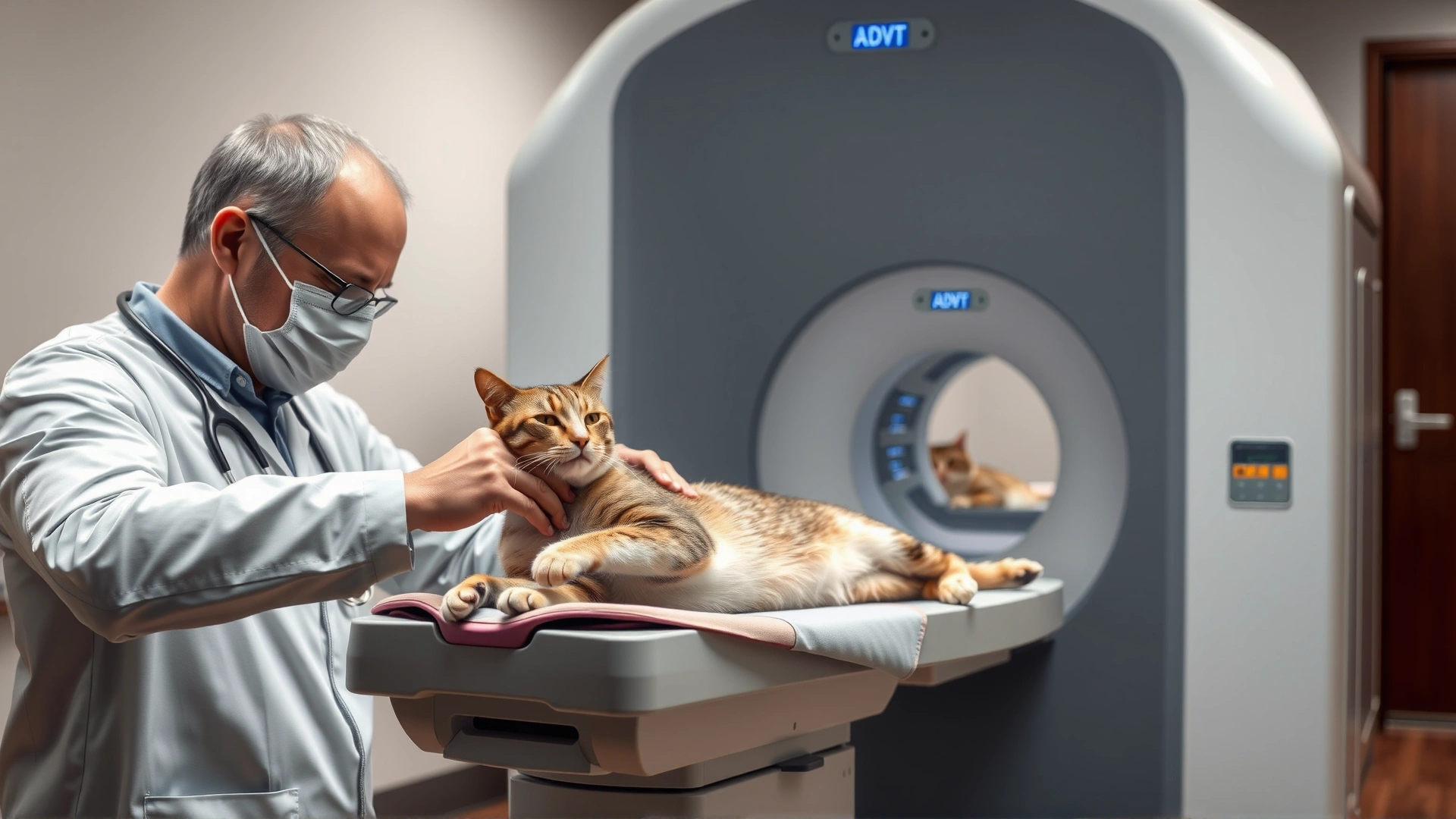 Veterinarian positioning a sedated cat for a CT scan; modern imaging room with CT machine in the background
