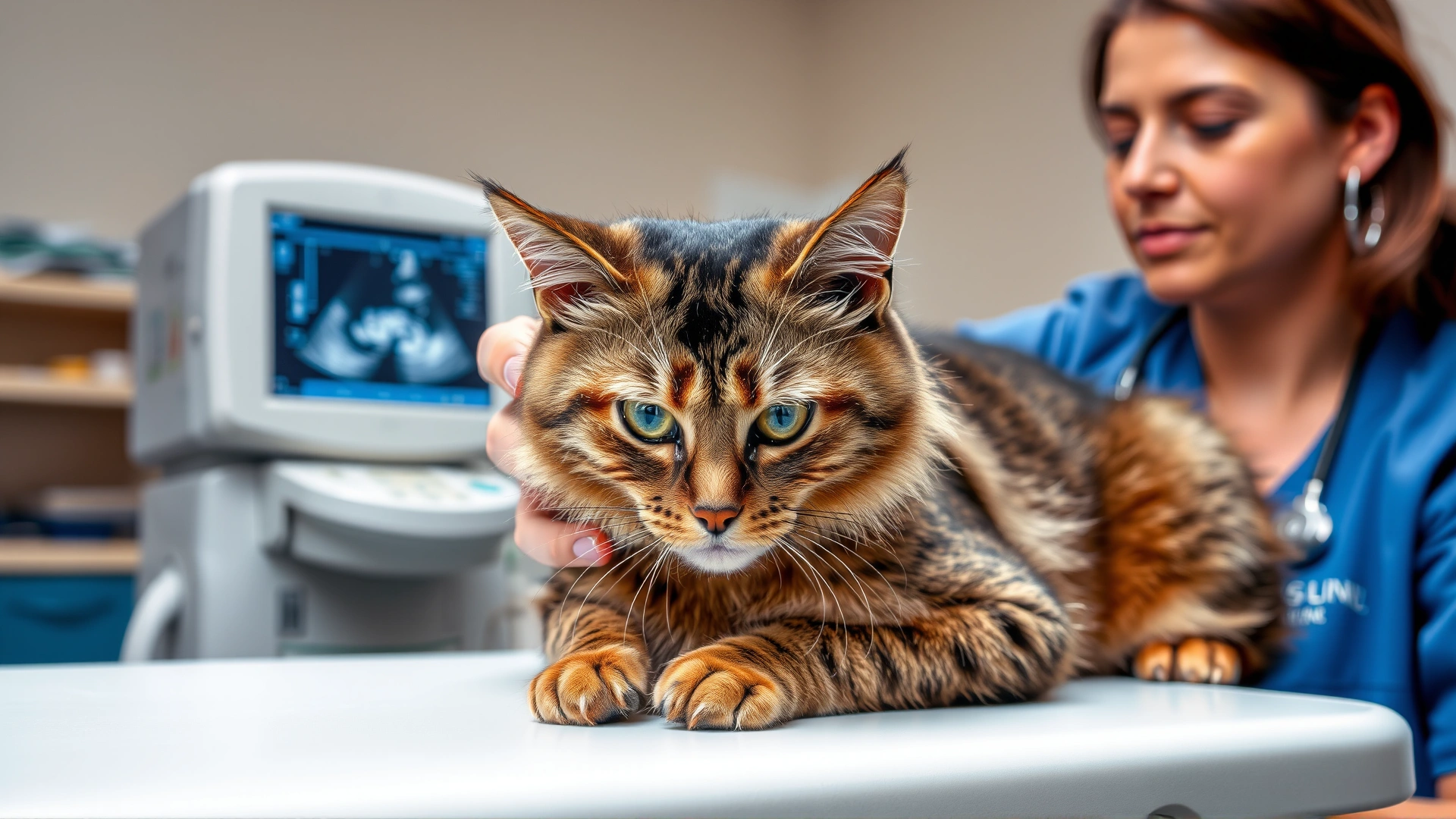 Veterinarian gently examining a tabby cat on an examination table, ultrasound machine in background, bright clinic setting, no text