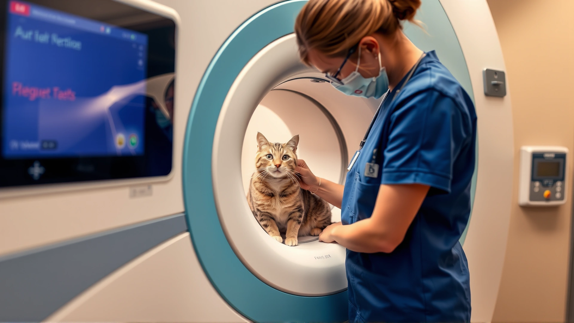 Veterinary technician positioning a cat inside an MRI machine, modern clinical environment, cat appears calm, no text.