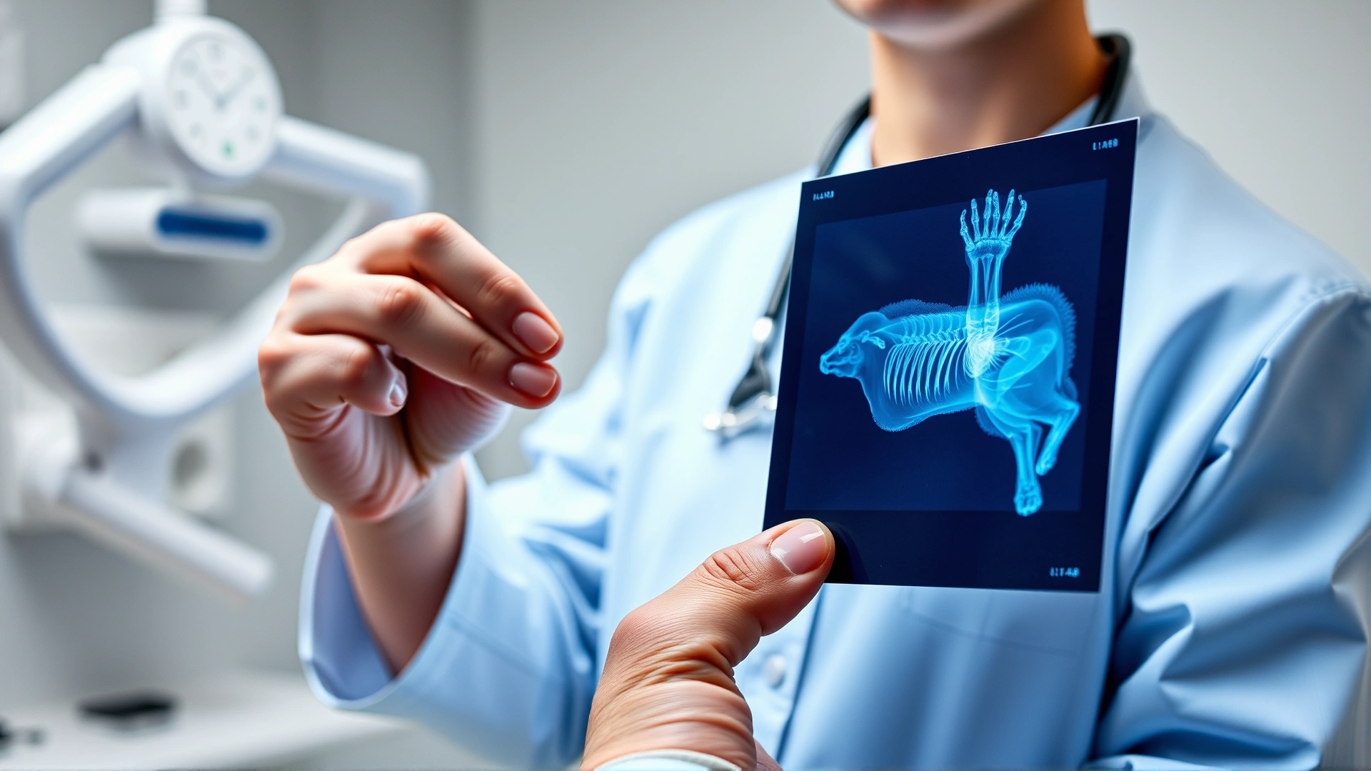 Veterinarian holding up a clear cat limb X-ray on a lightbox, no text or annotations, clinical setting