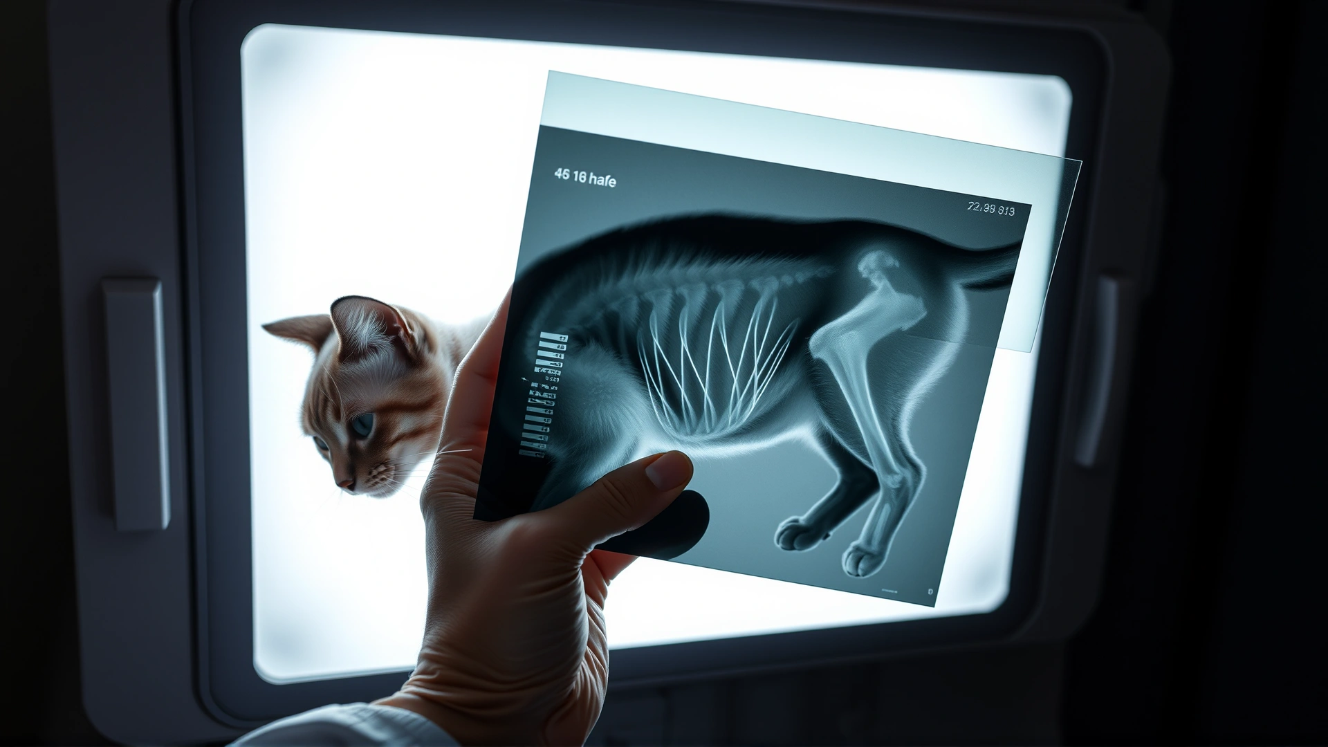 Close-up of veterinarian holding a cat hind-leg X-ray film against a light box, no text visible on film