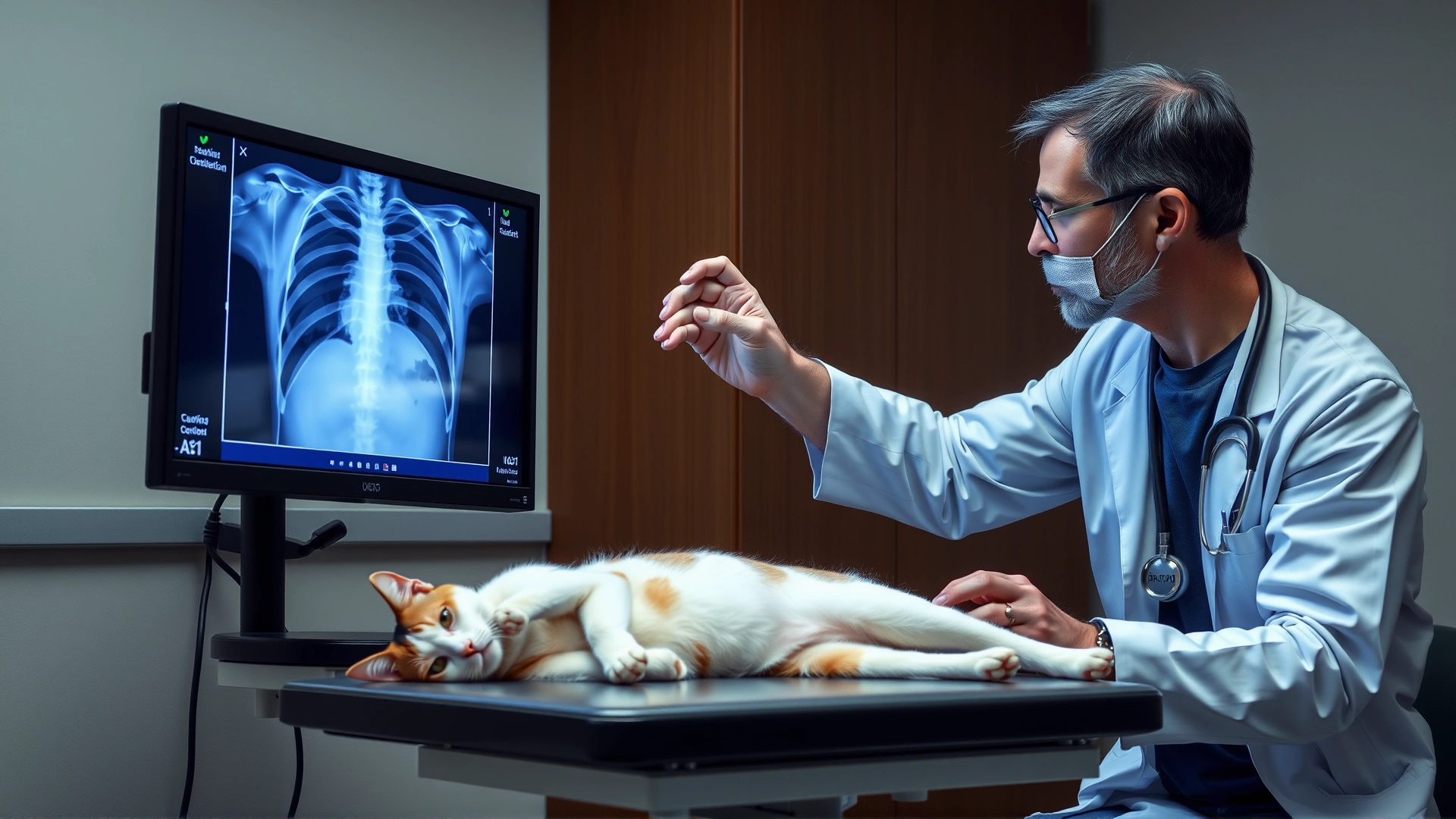 Veterinarian reviewing a digital X-ray of a cat's chest on a monitor with the cat sedated on the table, clinical setting, no text
