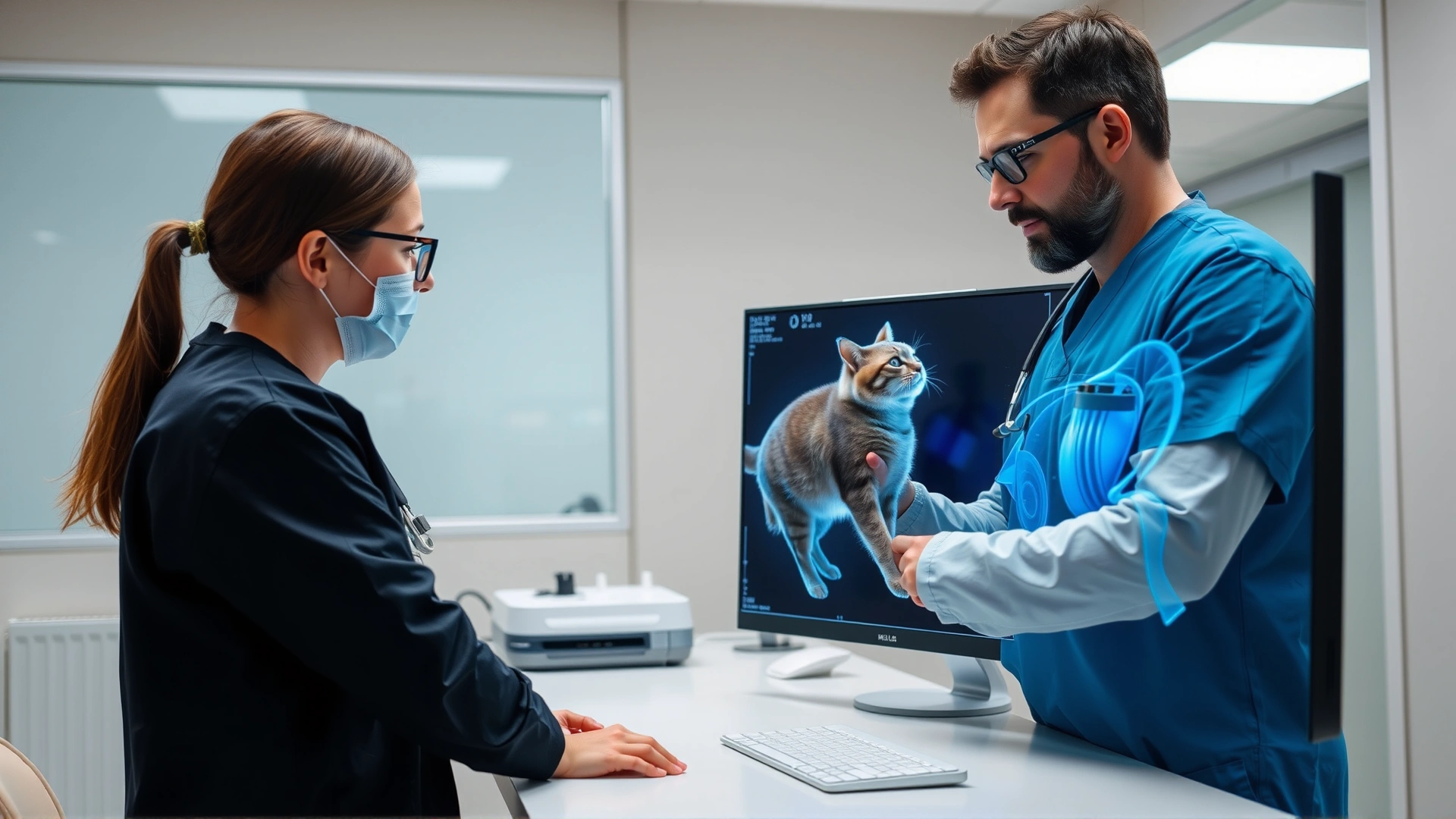 Veterinarian and assistant examining a digital X-ray of a cat's abdomen on a monitor in a modern clinic.