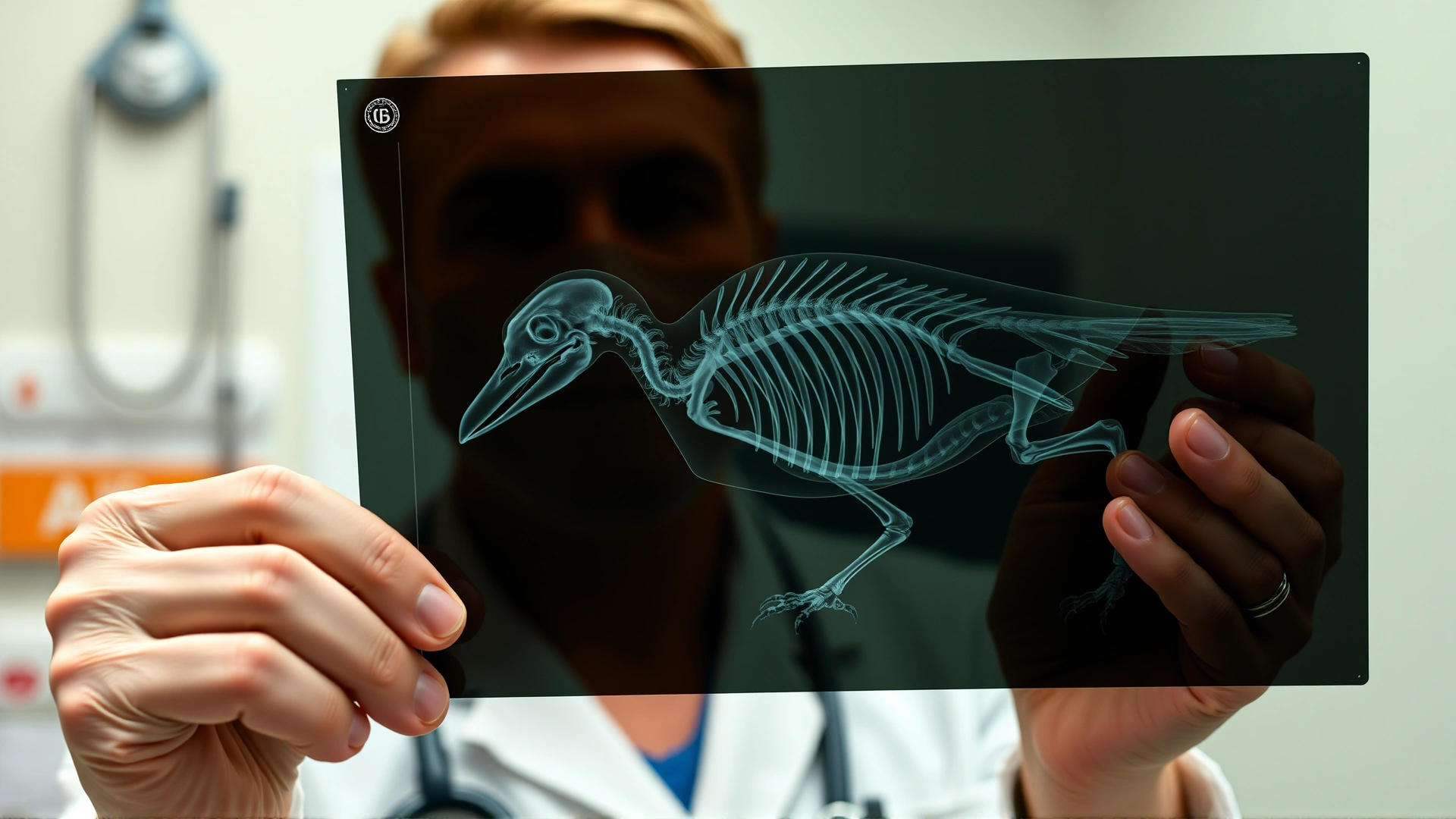 Close-up of a veterinarian holding up a translucent X-ray film showing a bird skeleton with visible calcifications; clinic background, no text overlays.