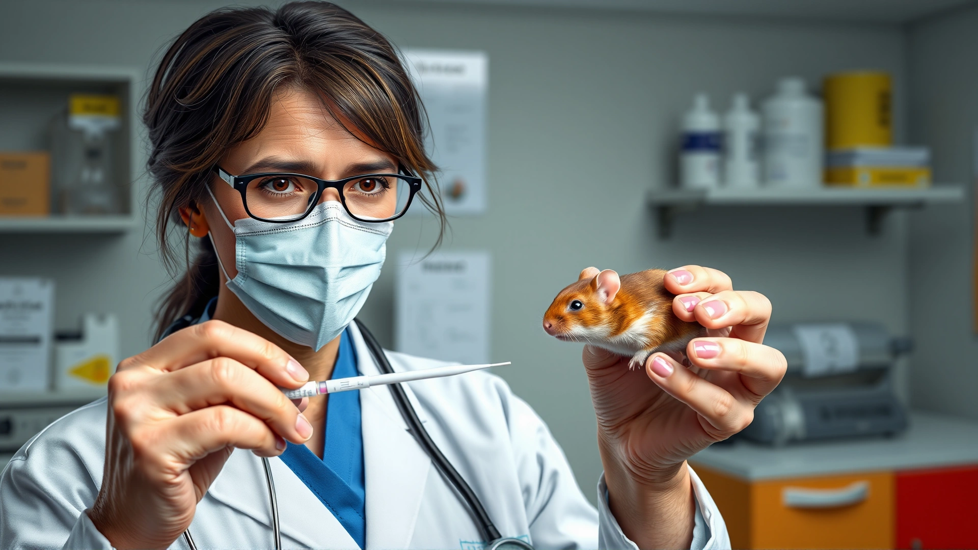 Veterinarian holding a sterile swab and a small hamster in a laboratory setting, representing diagnostic testing