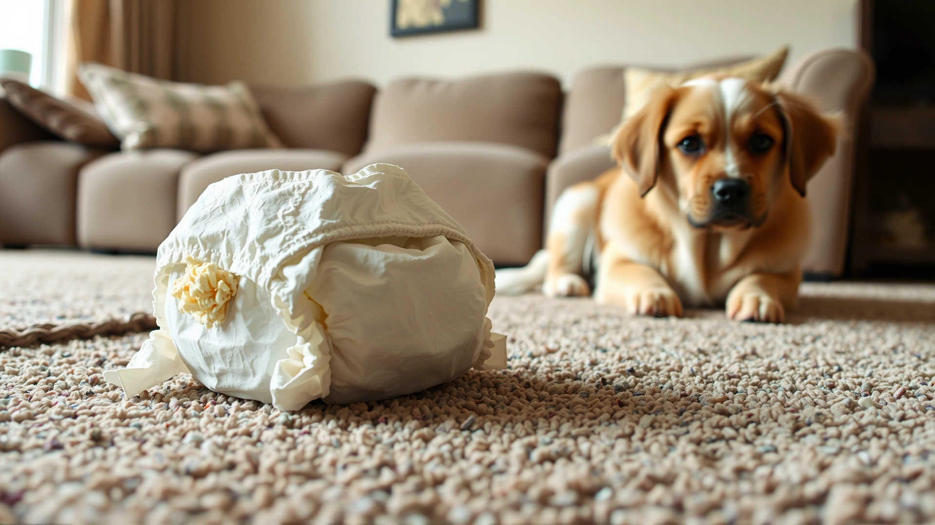 A chewed baby diaper on a living-room rug with a guilty-looking dog glancing at it