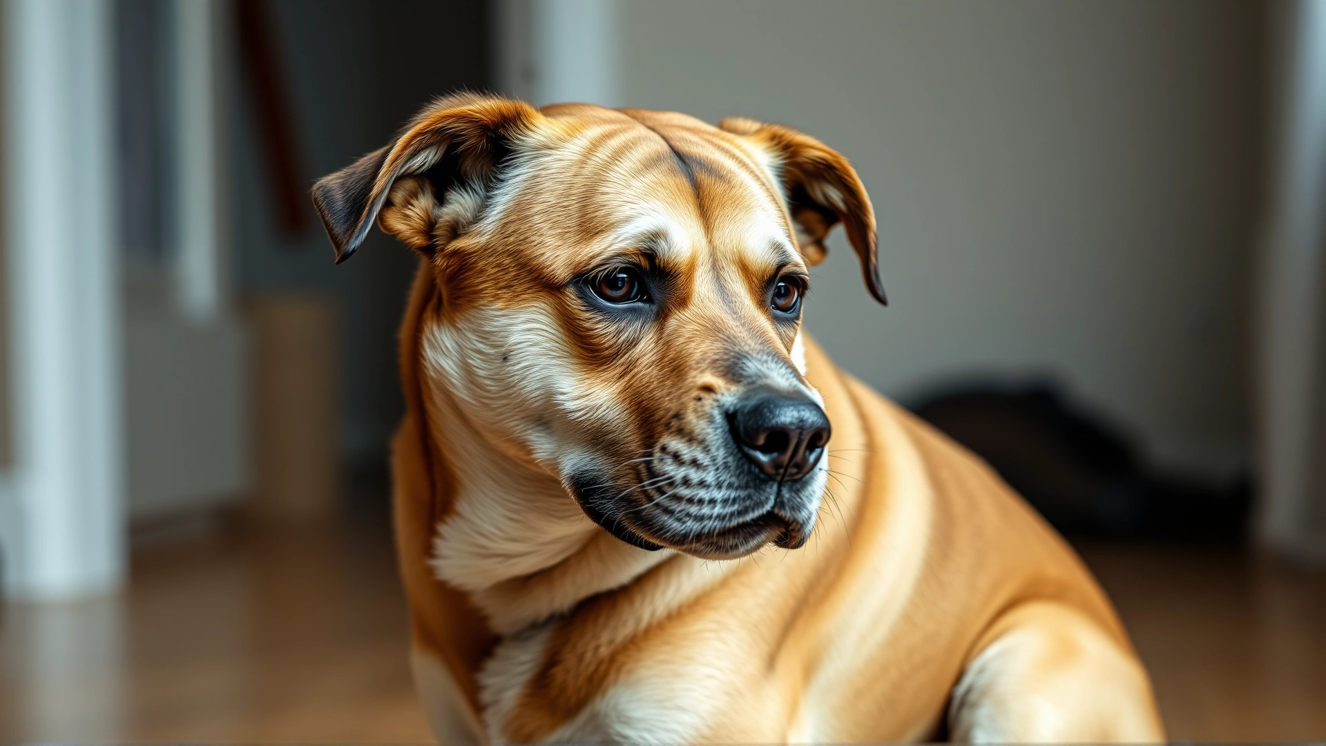Medium-sized dog sitting with a slightly hunched posture and concerned expression, indicating gastrointestinal discomfort, indoors, soft lighting