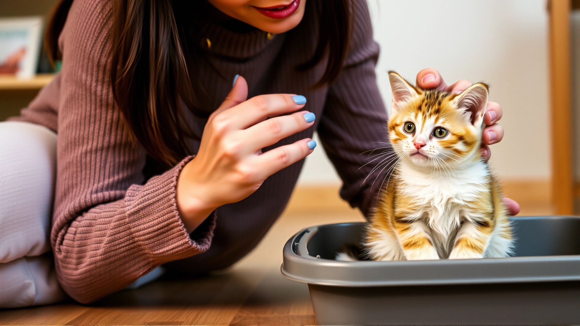 Concerned pet owner gently wiping a kitten’s face while the kitten sits near a litter box, indoor setting