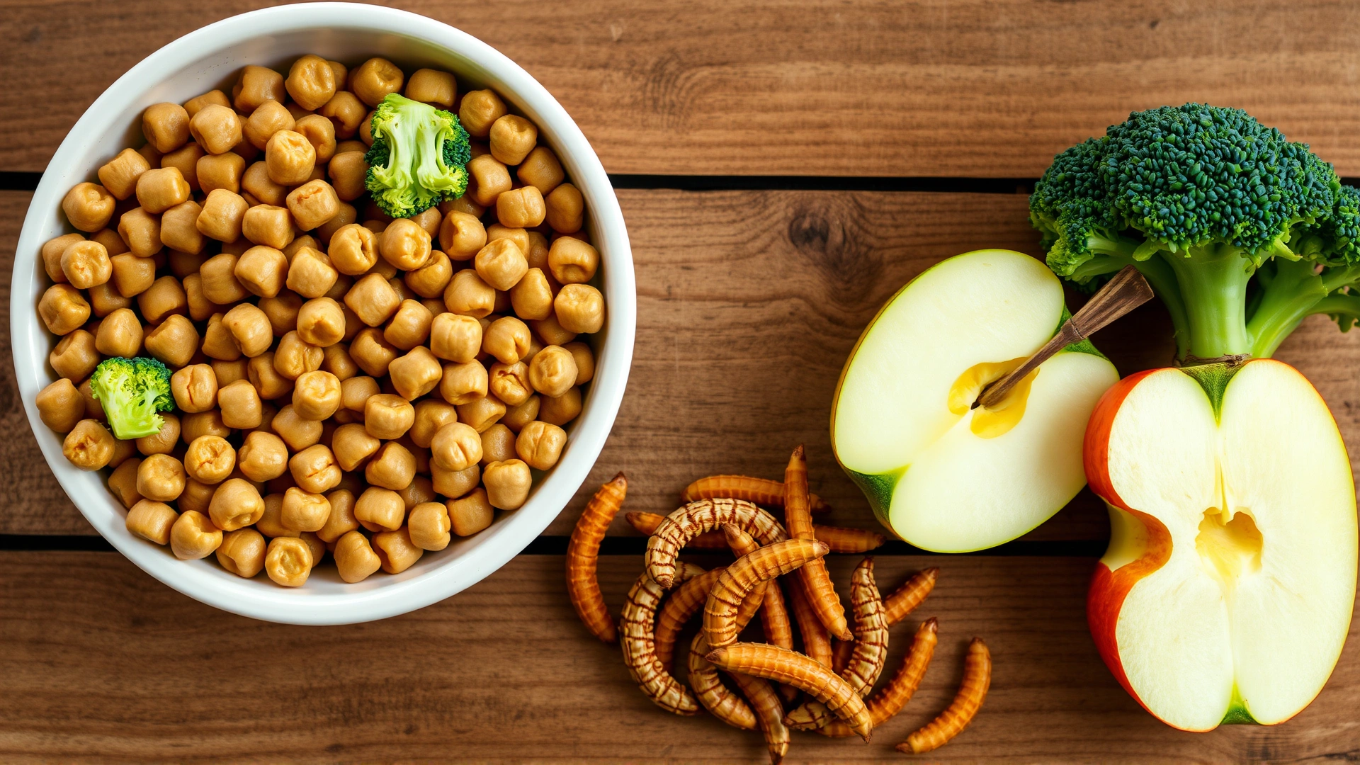 Top-down view of a wooden table displaying a balanced hamster diet: bowl of commercial pellets, fresh broccoli florets, sliced apple without seeds, and a few dried mealworms.