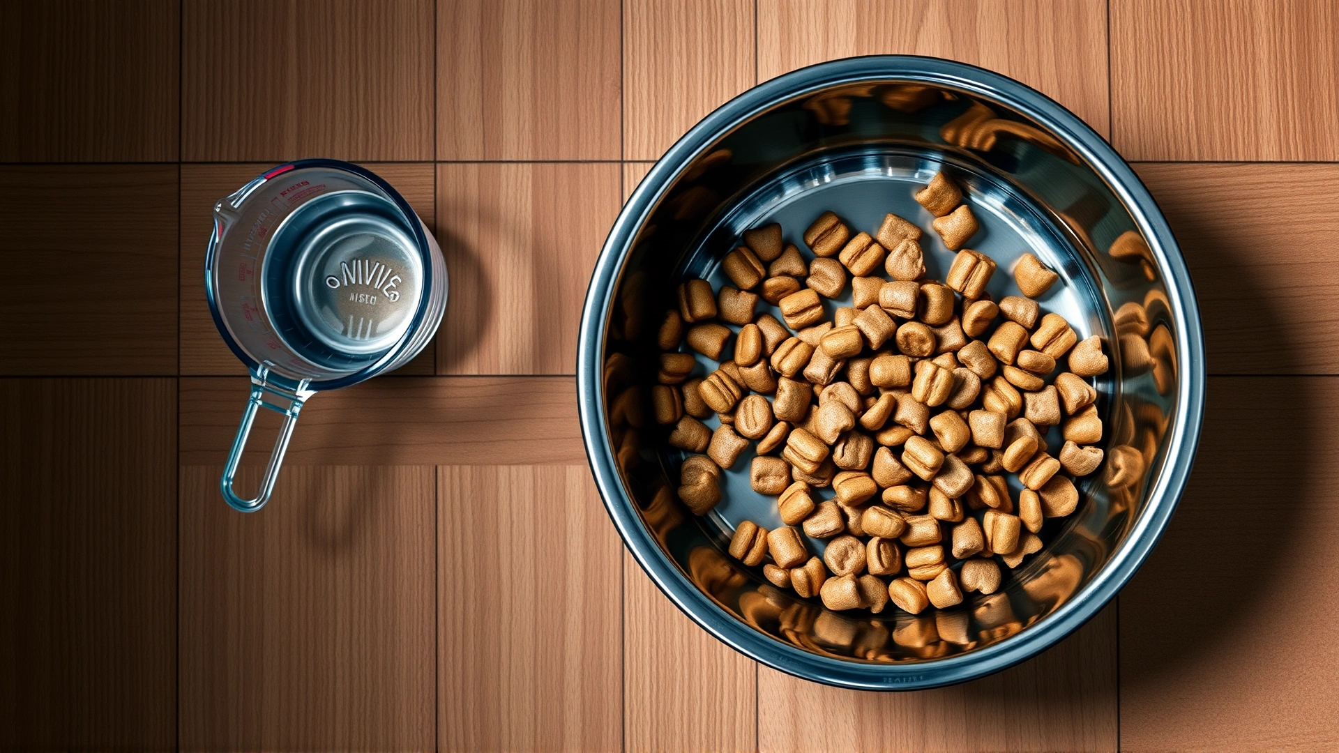 Top view of a stainless-steel dog bowl filled with high-quality small-breed kibble, placed on a wooden kitchen floor next to a measuring cup
