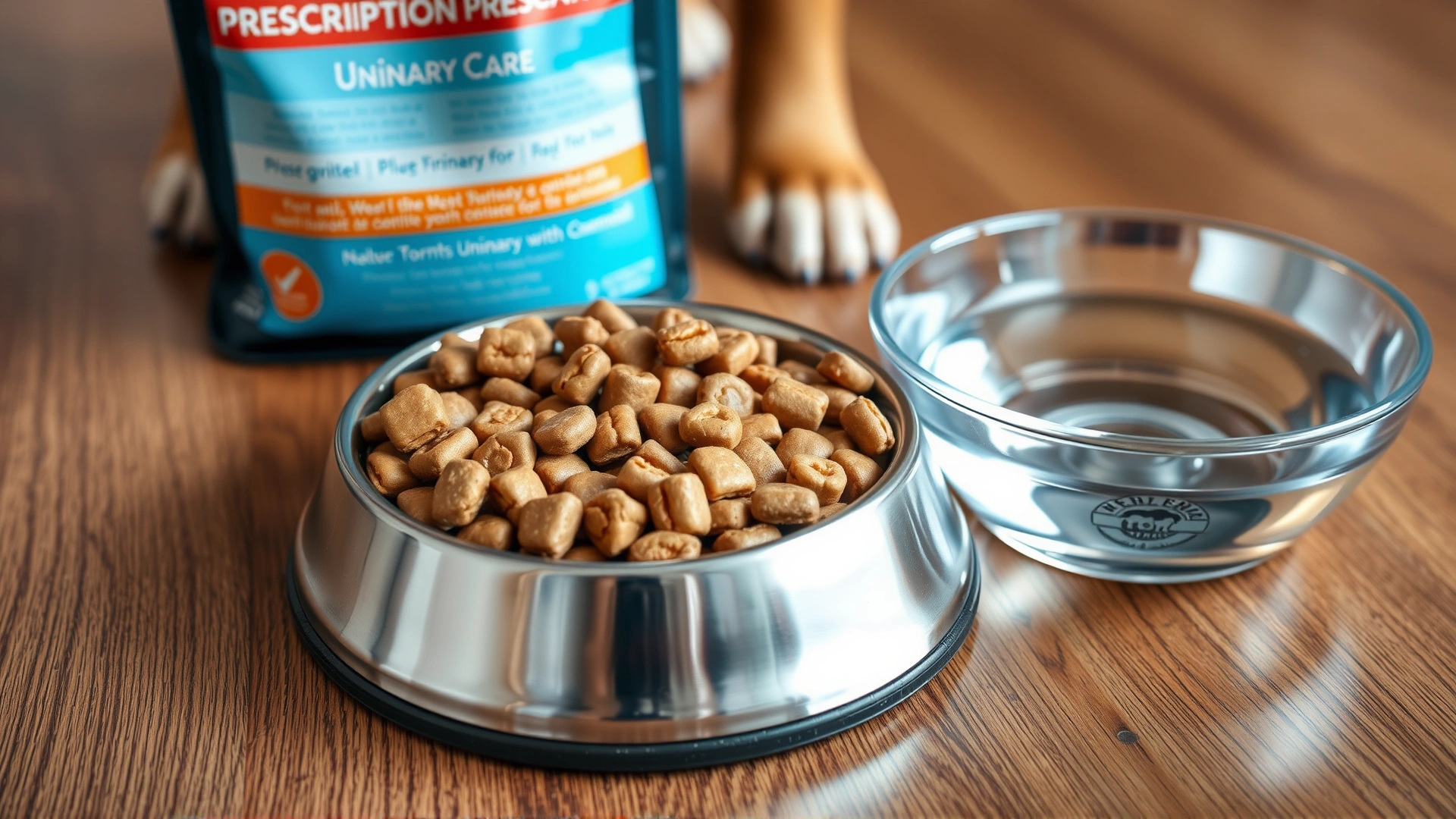 Close-up of a stainless steel dog bowl filled with prescription urinary care kibble next to a fresh water bowl on a wooden floor.