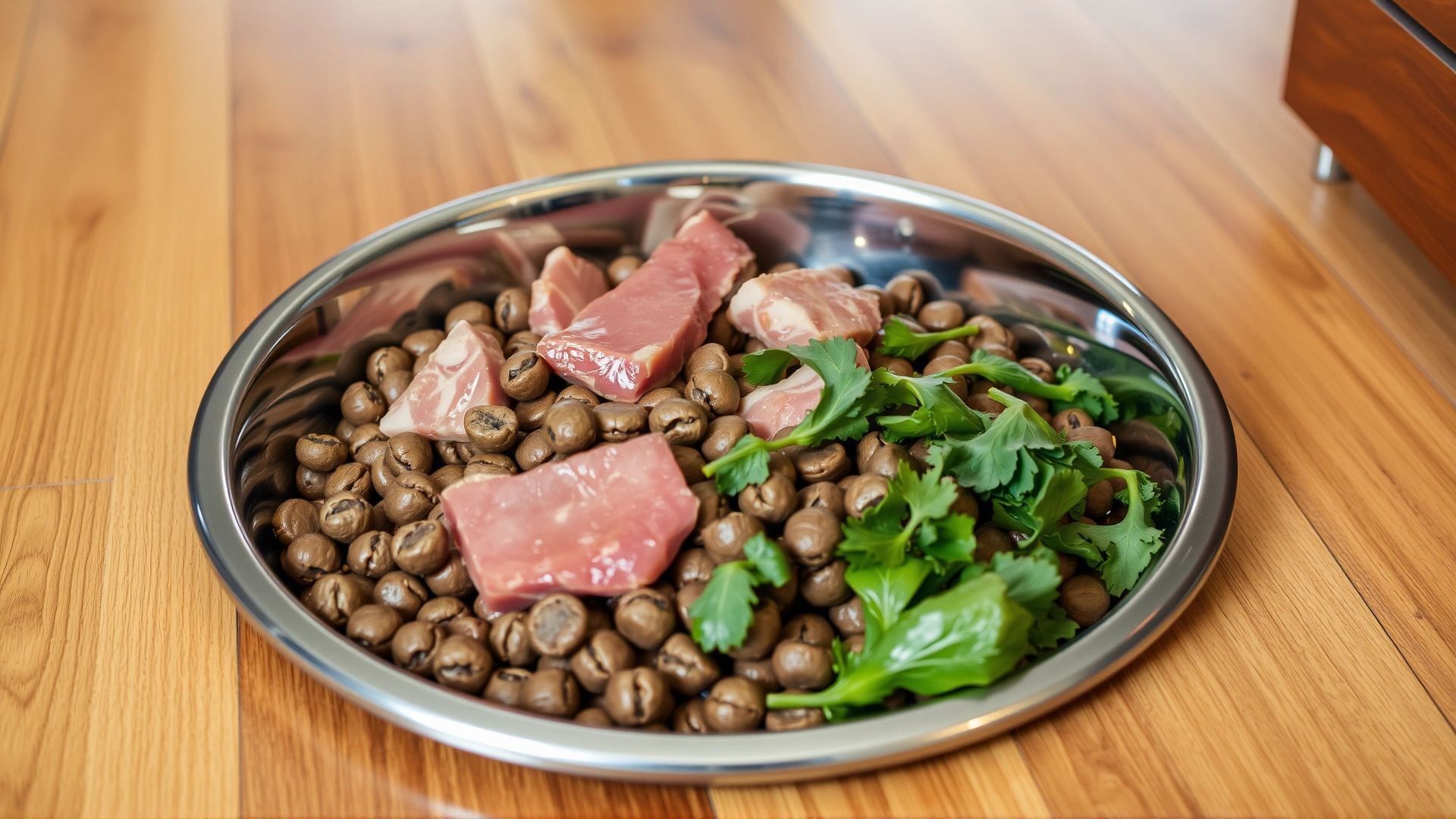 Large metallic dog bowl filled with premium kibble, fresh meat chunks and vegetables on wooden floor, no text