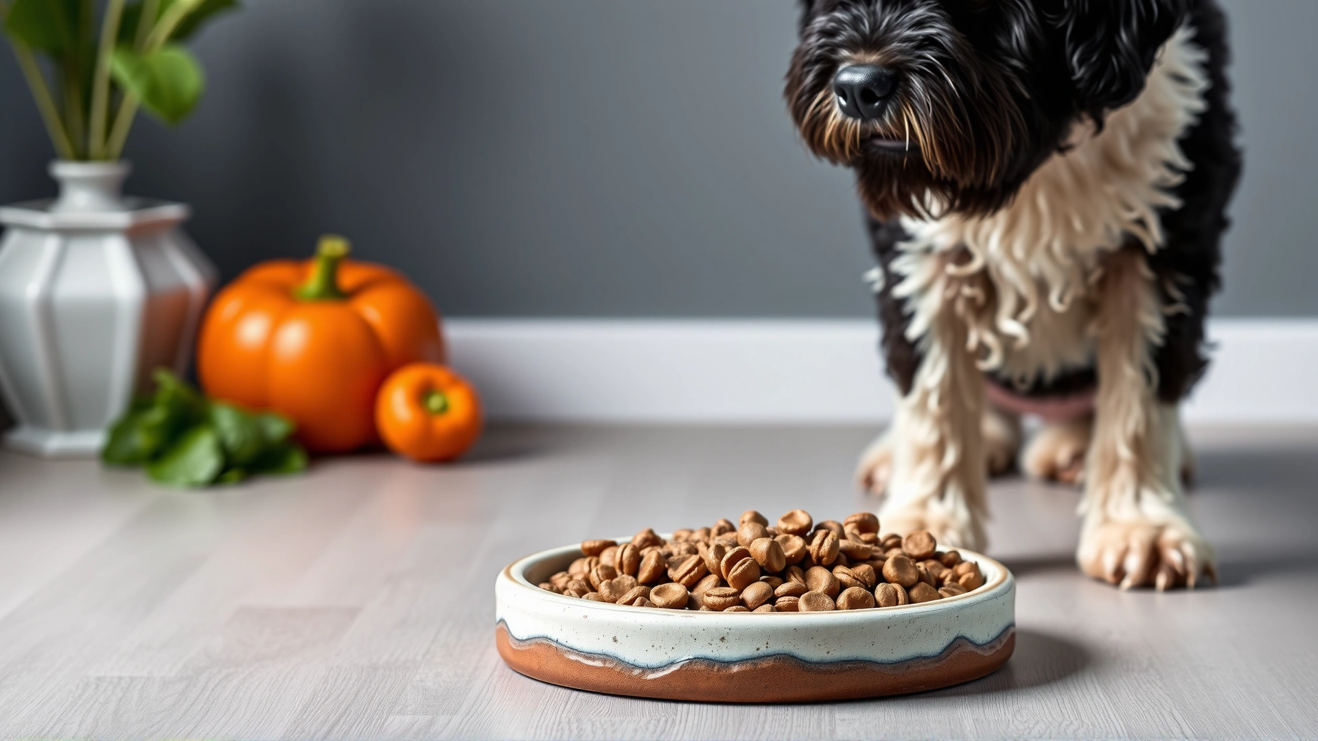 Ceramic dog bowl filled with balanced dry kibble and fresh vegetables beside a Portuguese Water Dog waiting patiently