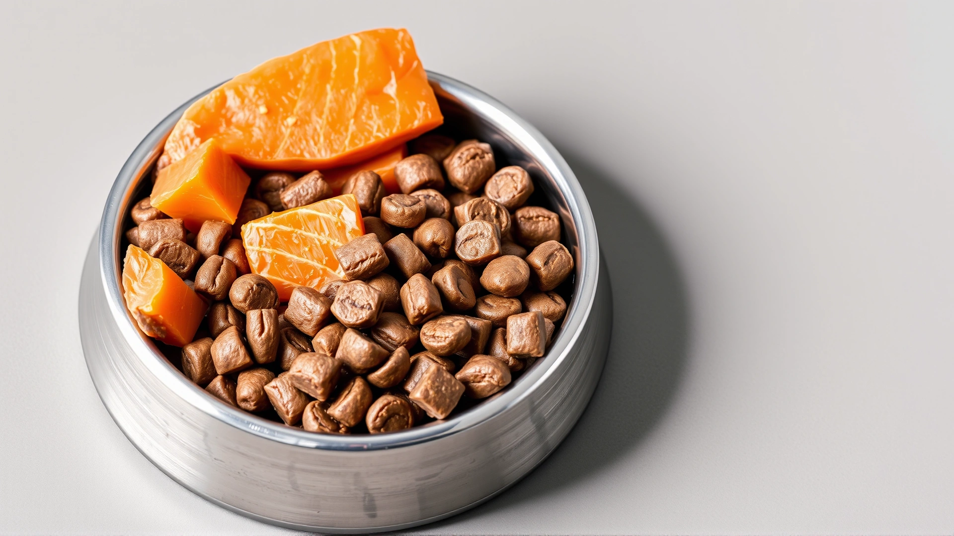 Studio image of a stainless steel dog bowl filled with hypoallergenic kibble and pieces of fresh salmon and sweet potato on a neutral background, symbolizing elimination diet.