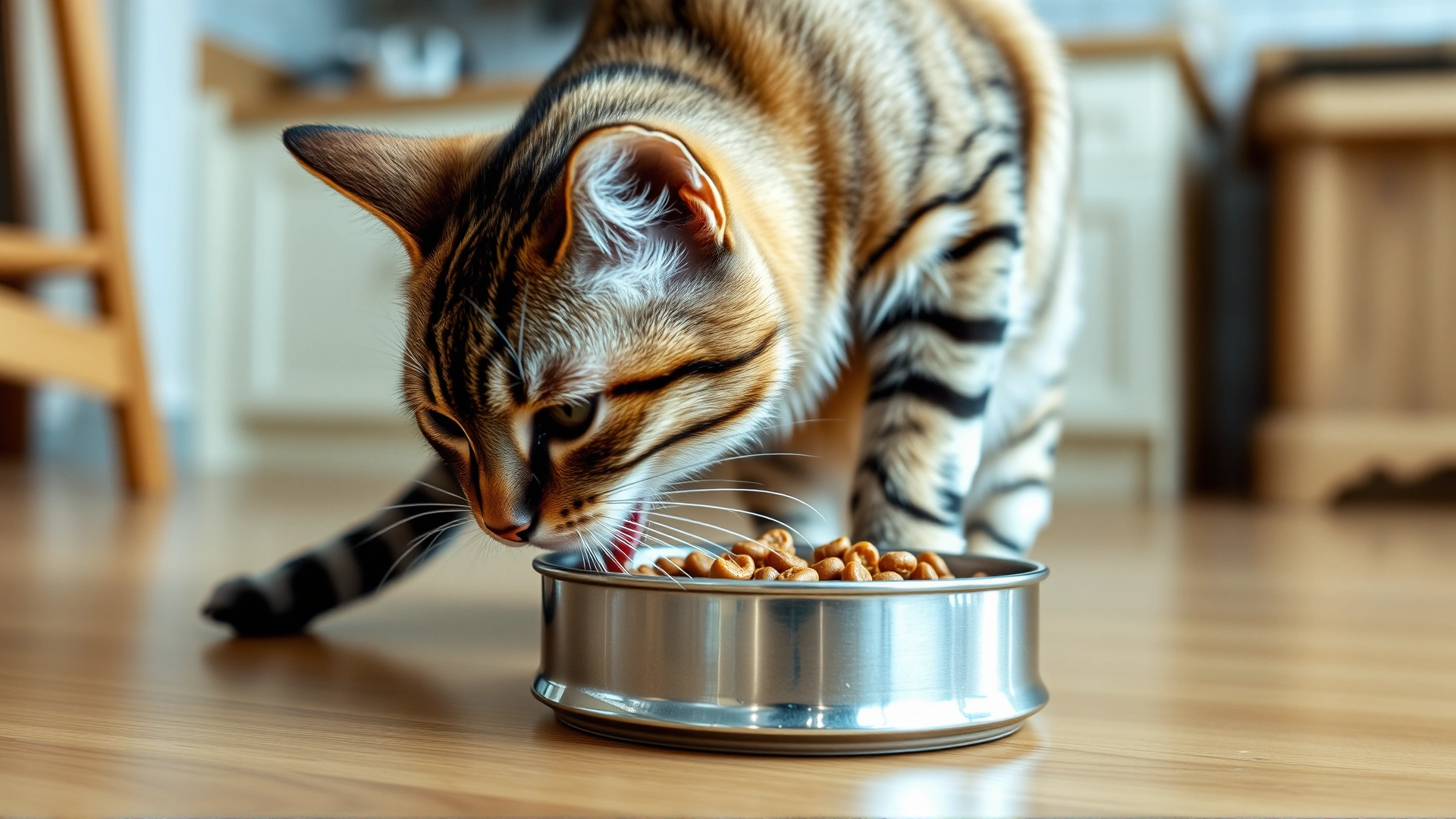 Egyptian Mau cat eating high-quality wet food from a stainless steel bowl on a wooden floor, kitchen setting, shallow depth of field.