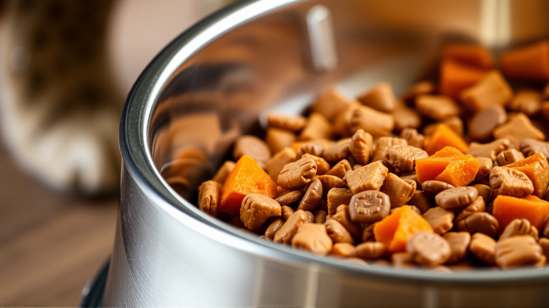 Close-up of a stainless-steel cat bowl filled with high-fiber dry kibble and small pieces of pumpkin.