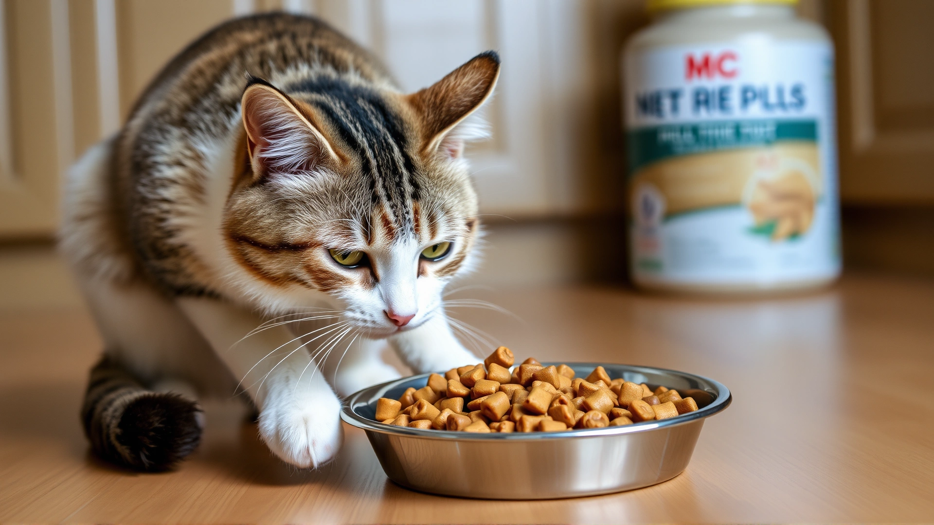 Cat eating from a stainless steel bowl filled with vet-prescribed hydrolyzed protein kibble on kitchen floor, emphasizes dietary management.