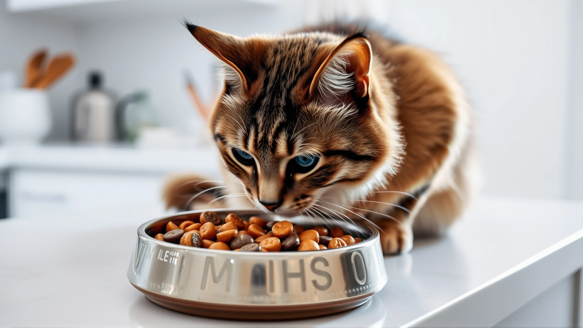 Photo of a cat eating from a stainless steel bowl filled with moist prescription diet food on a clean kitchen counter, bright lighting.