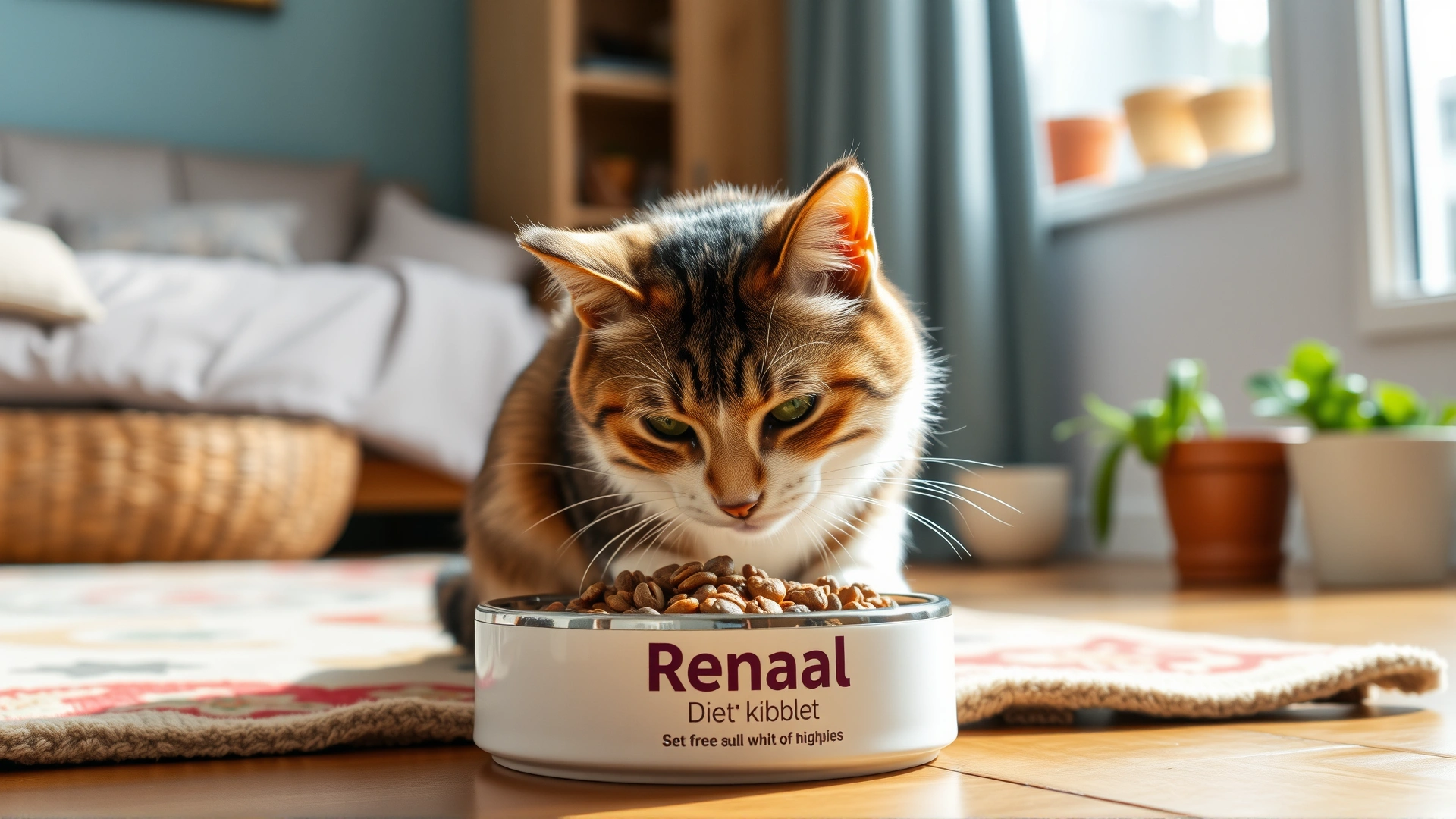 Indoor scene of a cat eating from a bowl labeled as renal diet kibble, natural window light, cozy home setting.