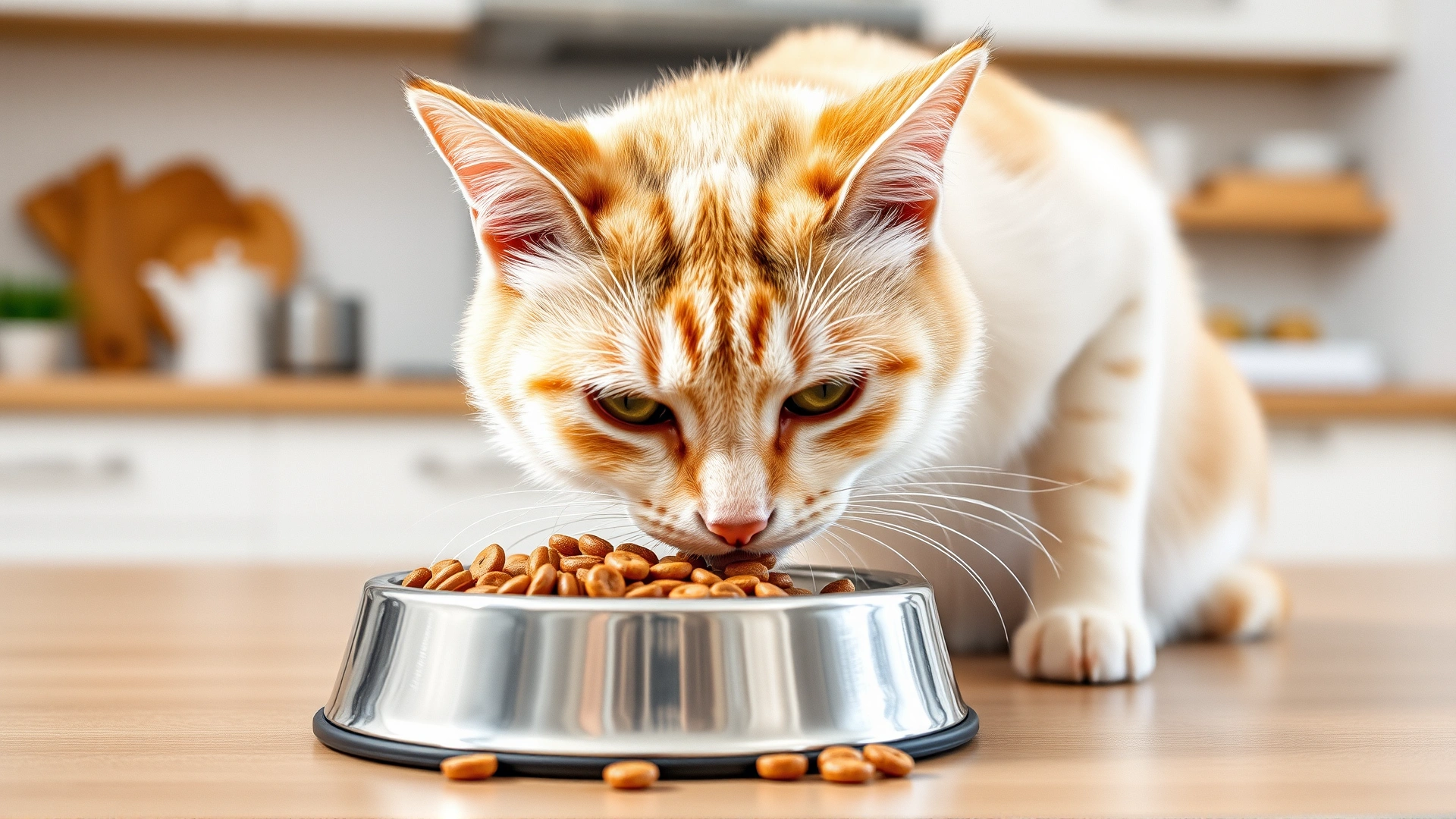 Cat eating specially formulated veterinary dry food from a stainless steel bowl, bright kitchen background