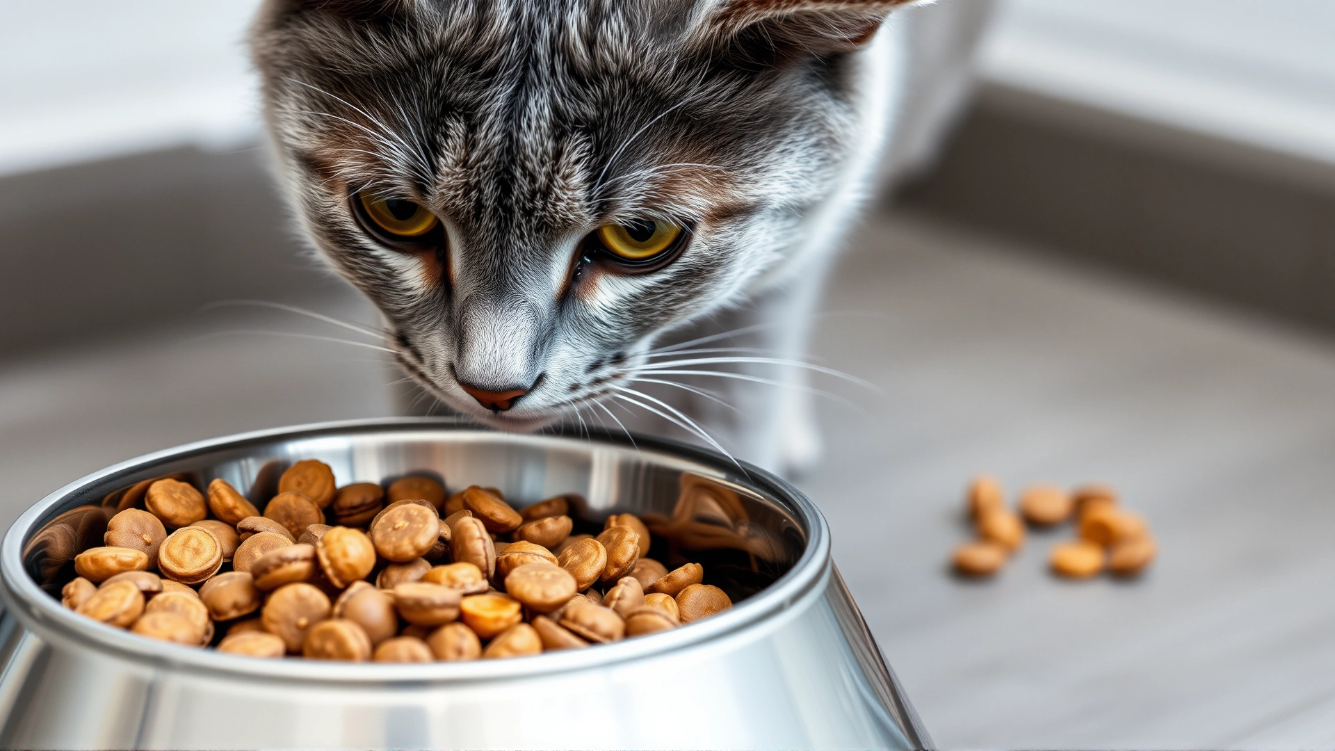 High-angle shot of a stainless steel bowl filled with hypoallergenic dry cat food next to a curious gray cat sniffing the kibble