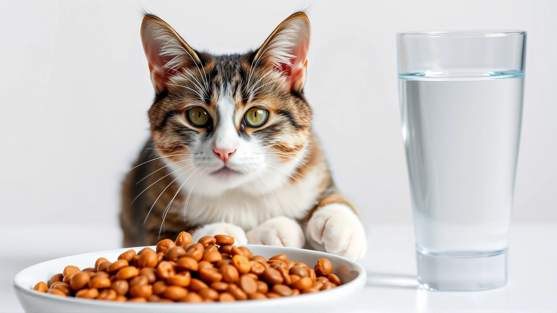 High-quality commercial urinary health cat food displayed in a clean bowl next to a glass of fresh water, neutral background, no text