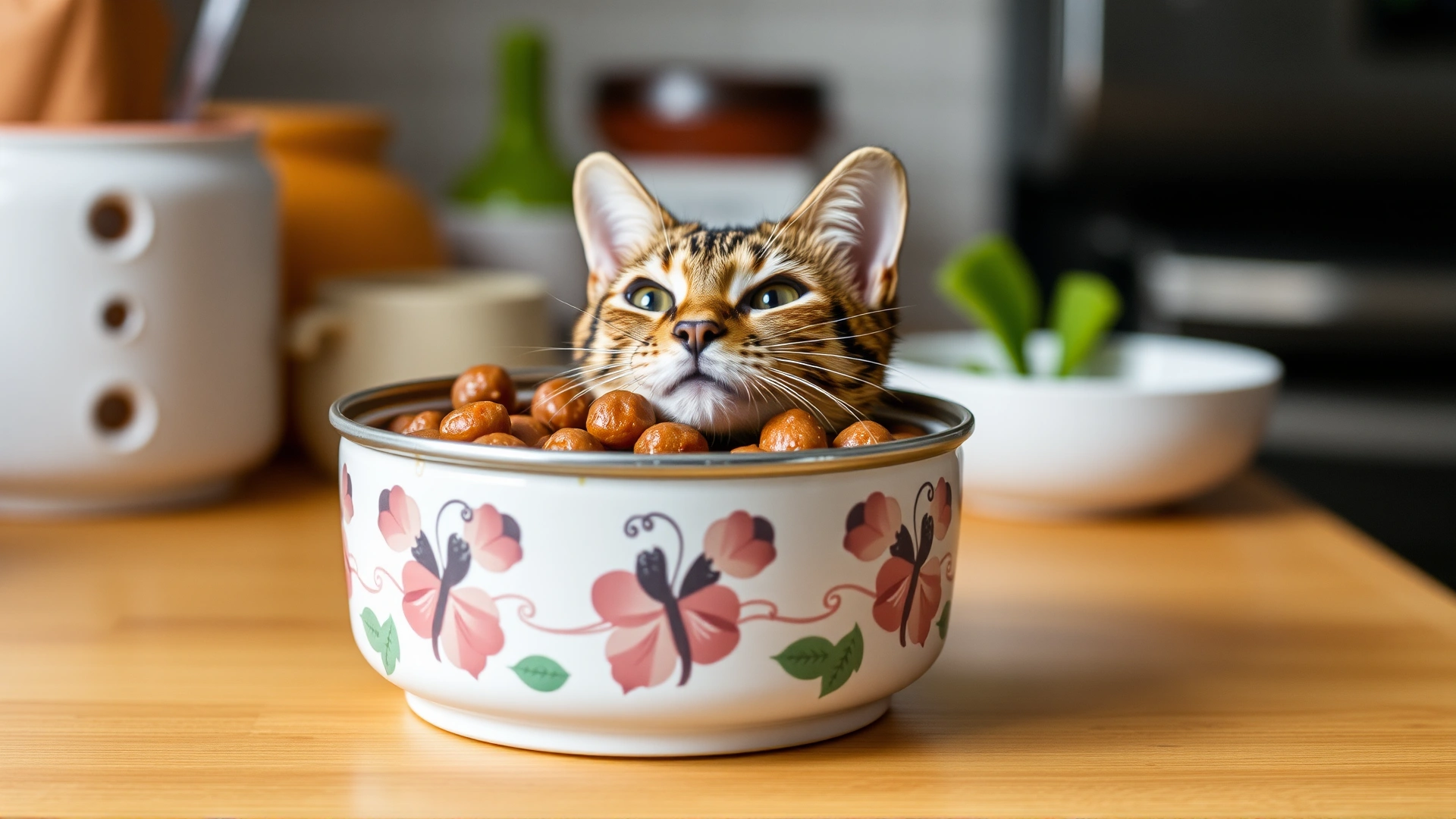Open can of wet cat food in ceramic bowl on kitchen counter