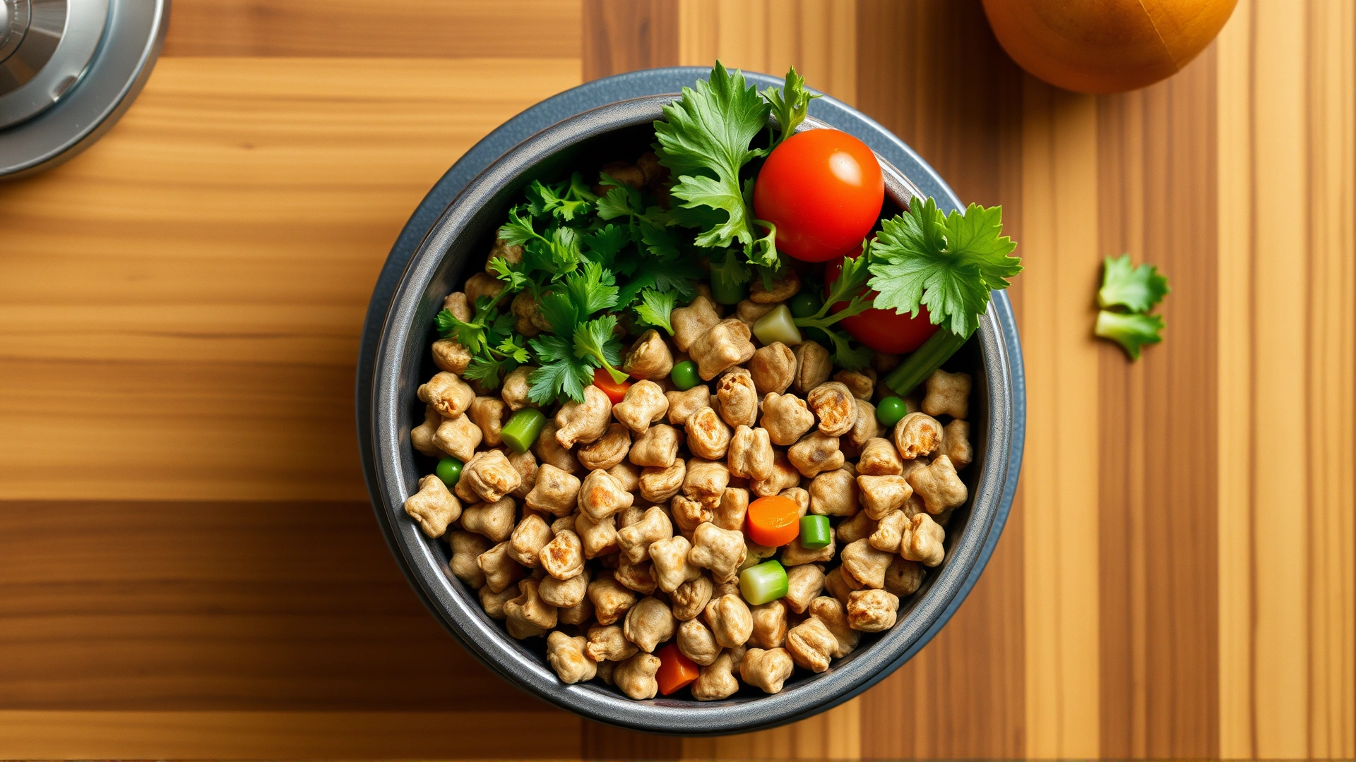 Top view of a balanced portion of kibble mixed with fresh vegetables in a dog bowl on a kitchen counter.