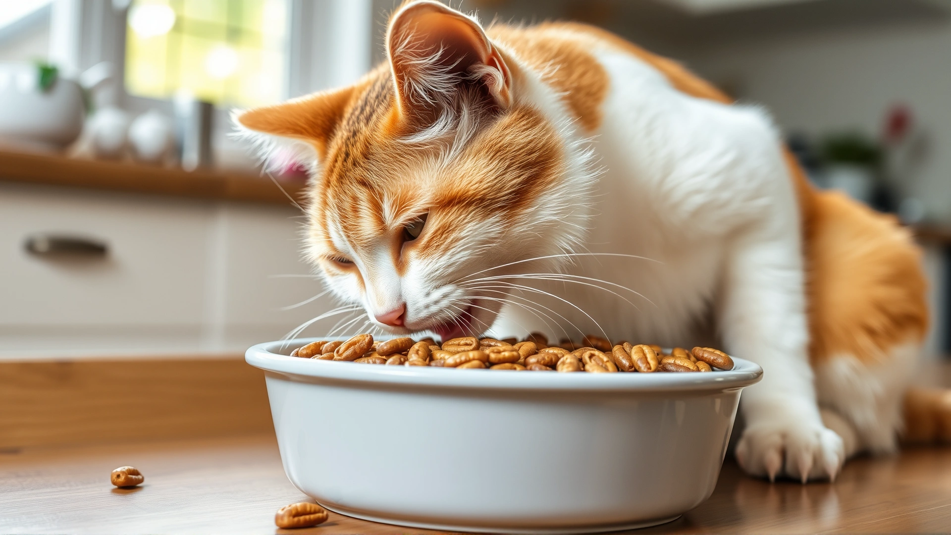 Healthy cat eating from a bowl filled with high-fiber dry food, kitchen setting with natural light.