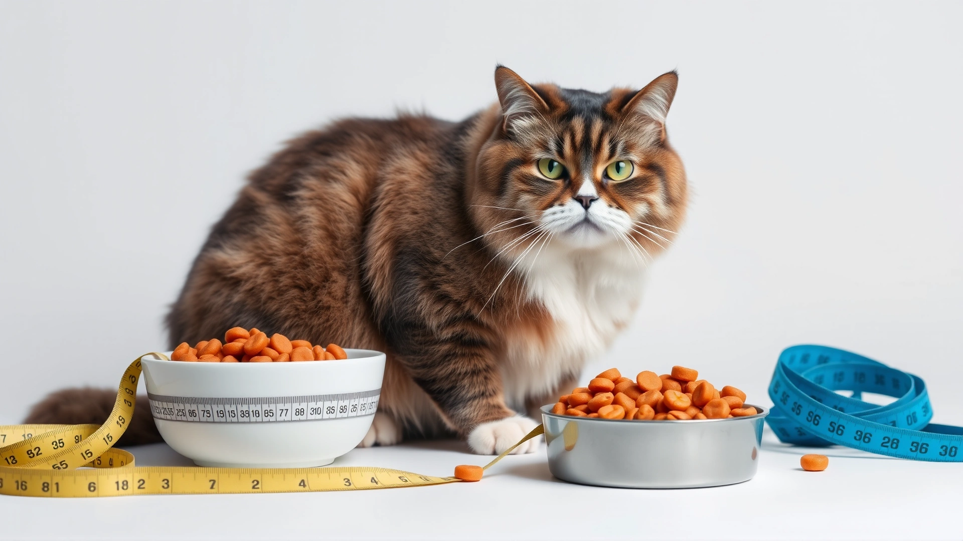 Overweight cat sitting next to a measuring tape and a portion-controlled bowl of diet cat food, white backdrop, no text.