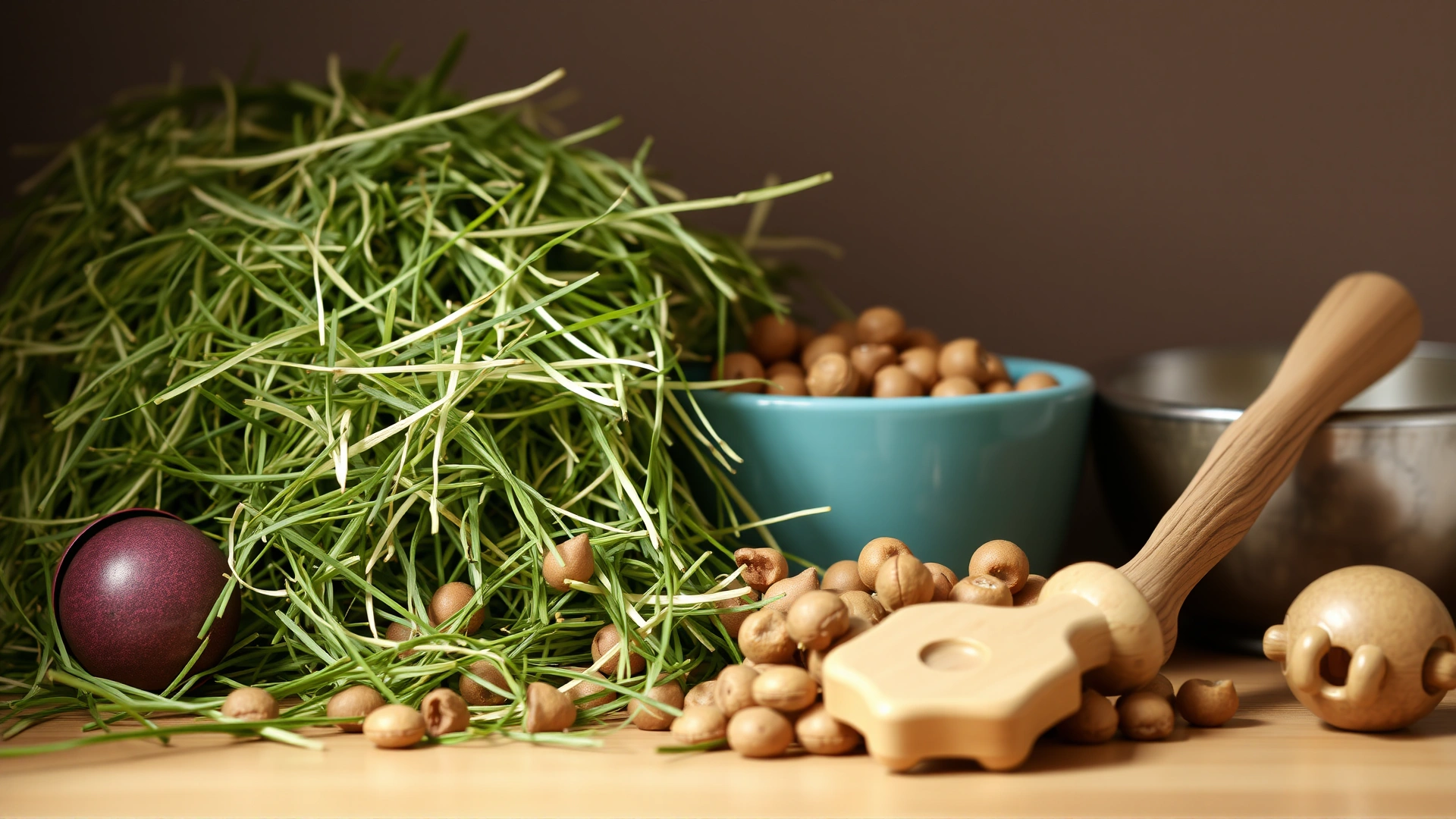 Bright, appealing photo of fresh Timothy hay piled next to a bowl of chinchilla pellets and safe wooden chew toys.