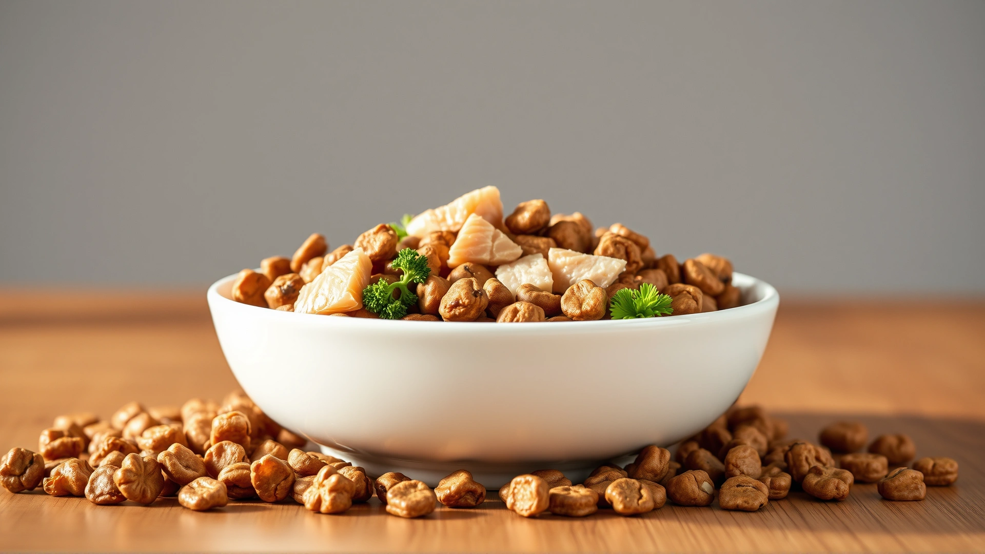 Bowl of high-quality senior dog kibble with visible omega-3 rich fish pieces and fresh vegetables on a wooden table, bright studio lighting