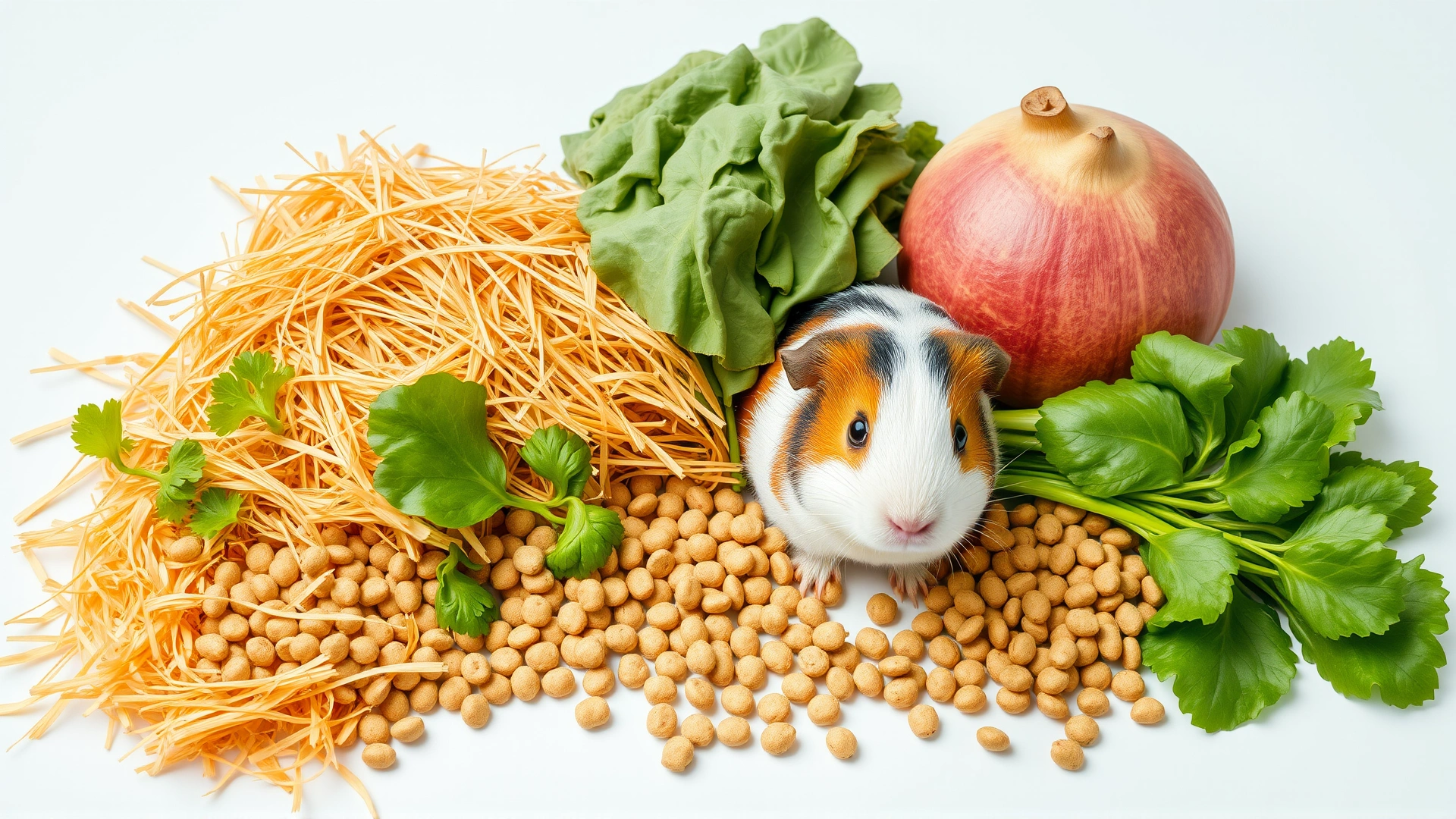 Arrangement of hay, leafy greens, pellets, and a small guinea pig beside them, top-down view showcasing a balanced guinea pig diet