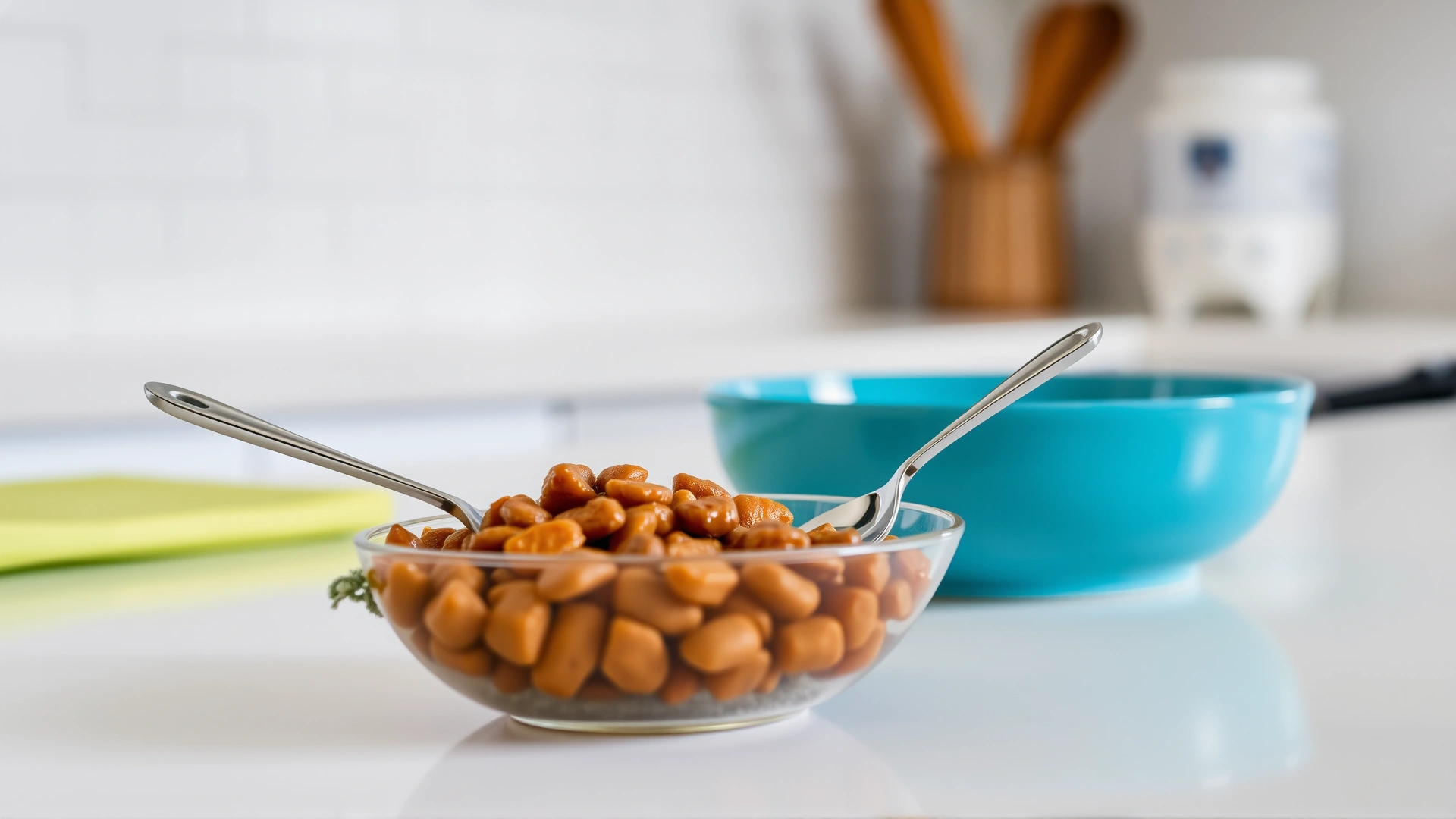Bowl of high-protein wet cat food with a small measuring spoon next to it on a clean kitchen countertop.