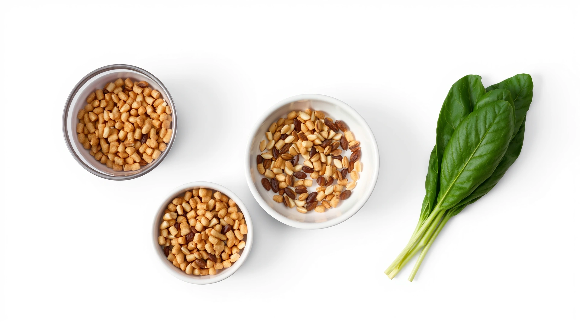 Flat lay of a feeding station with a small bowl of pelleted food, a separate dish of mixed seeds, and fresh leafy greens next to it, shot on a neutral background.