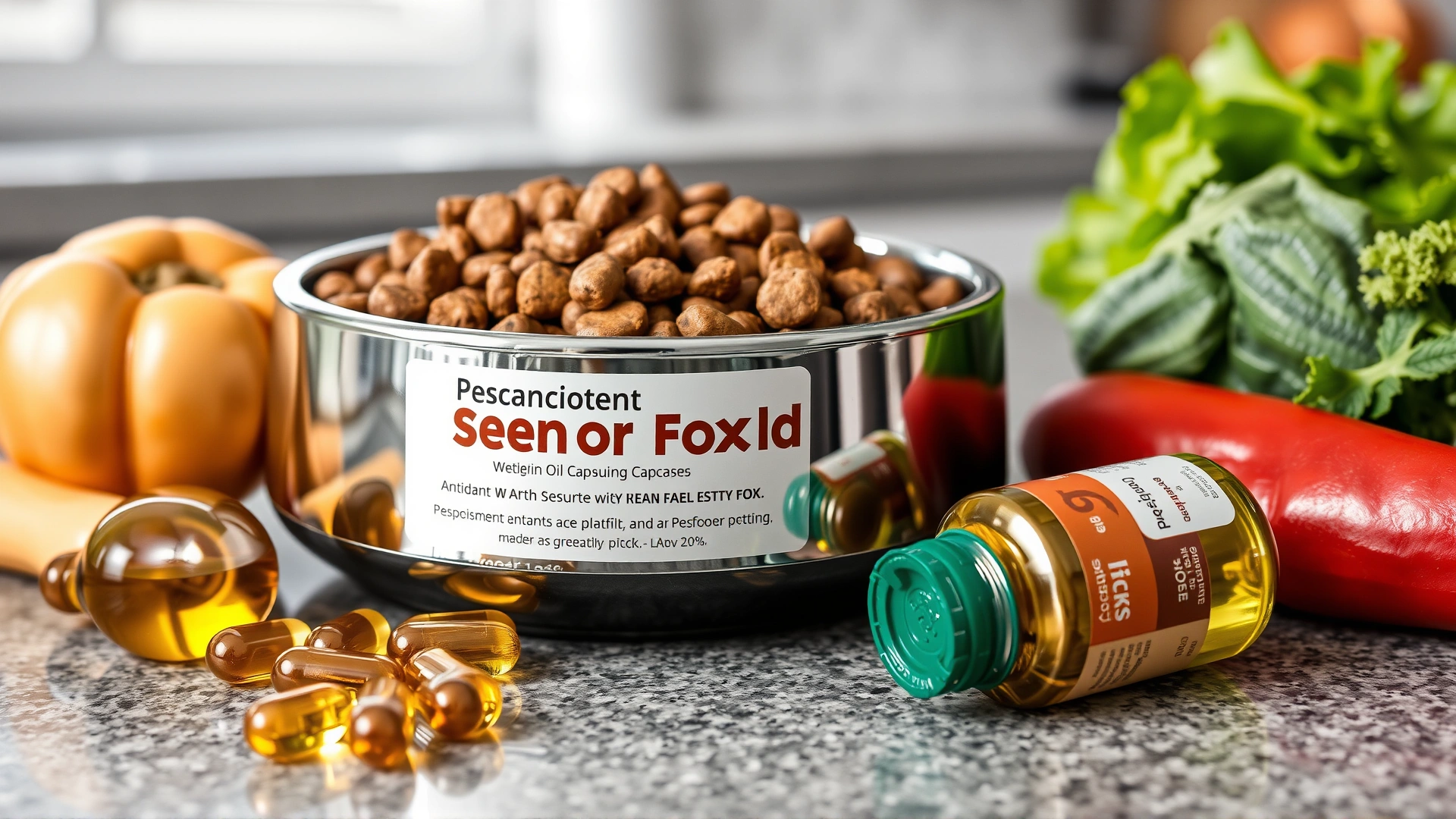 Close-up of a bowl of prescription senior pet food alongside fish oil capsules and antioxidant-rich vegetables on a kitchen counter.