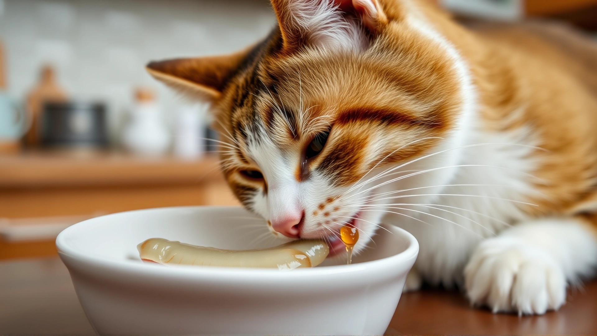 Close-up of a cat nibbling on a small fish-oil treat (omega-3 supplement) placed in a ceramic bowl, kitchen background, natural daylight.