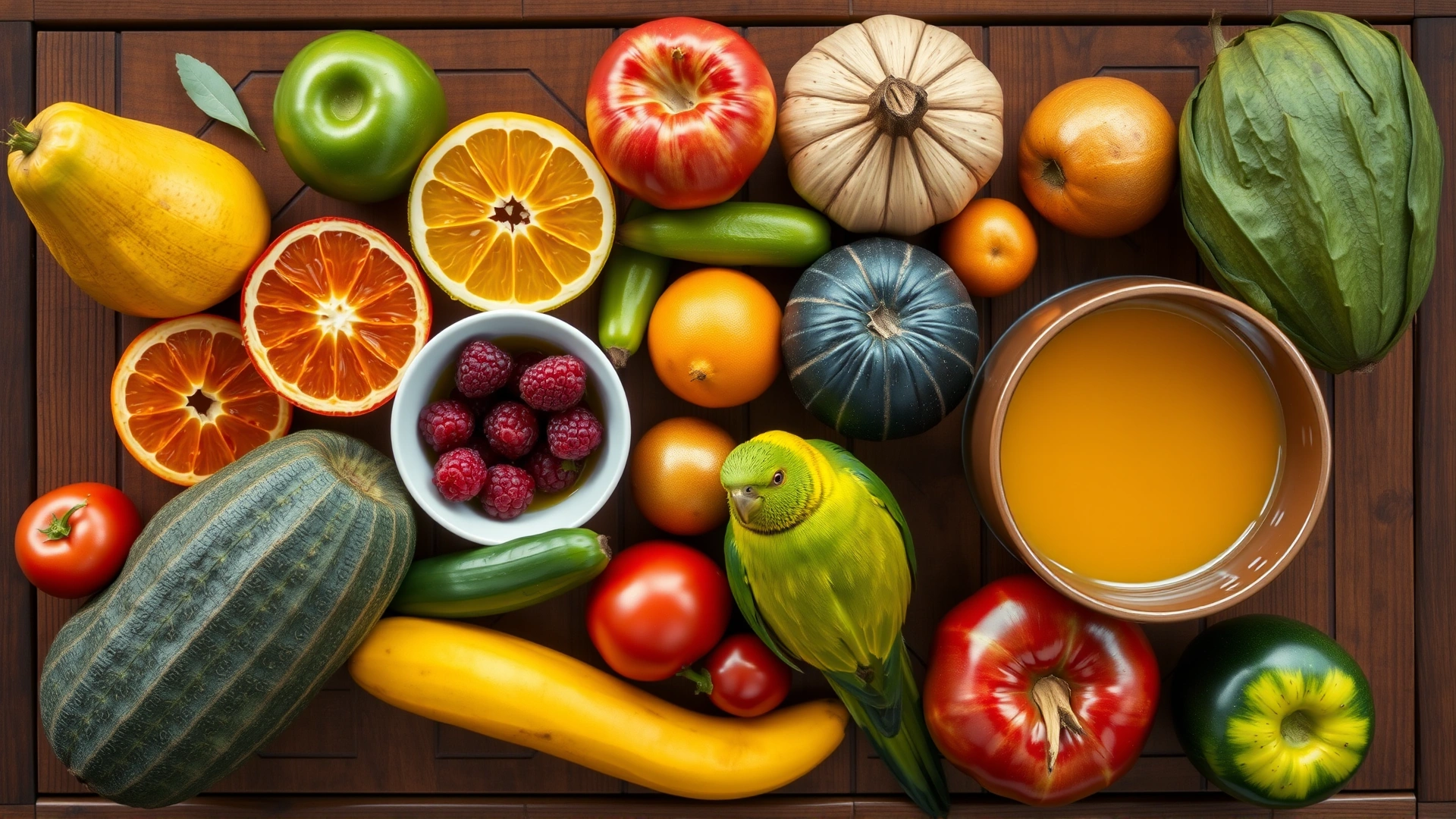 Top-down view of assorted fresh fruits, vegetables, and a bowl of specialized nectar arranged on a wooden table for lorikeet feeding.