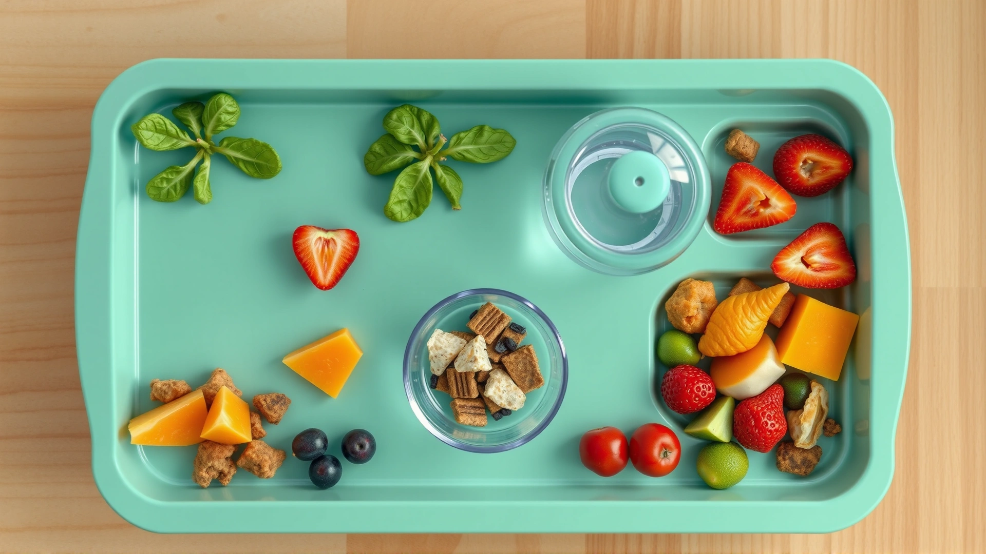 Top-down view of a balanced feeding tray for sugar gliders containing fresh fruits, vegetables, protein sources, and a clean water dispenser